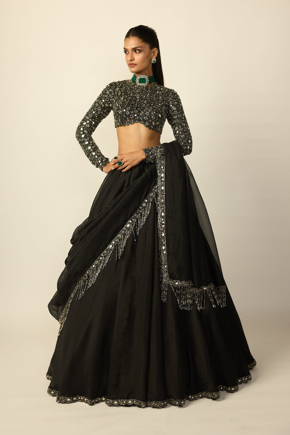 Black Tassel Dupatta Lehenga Set