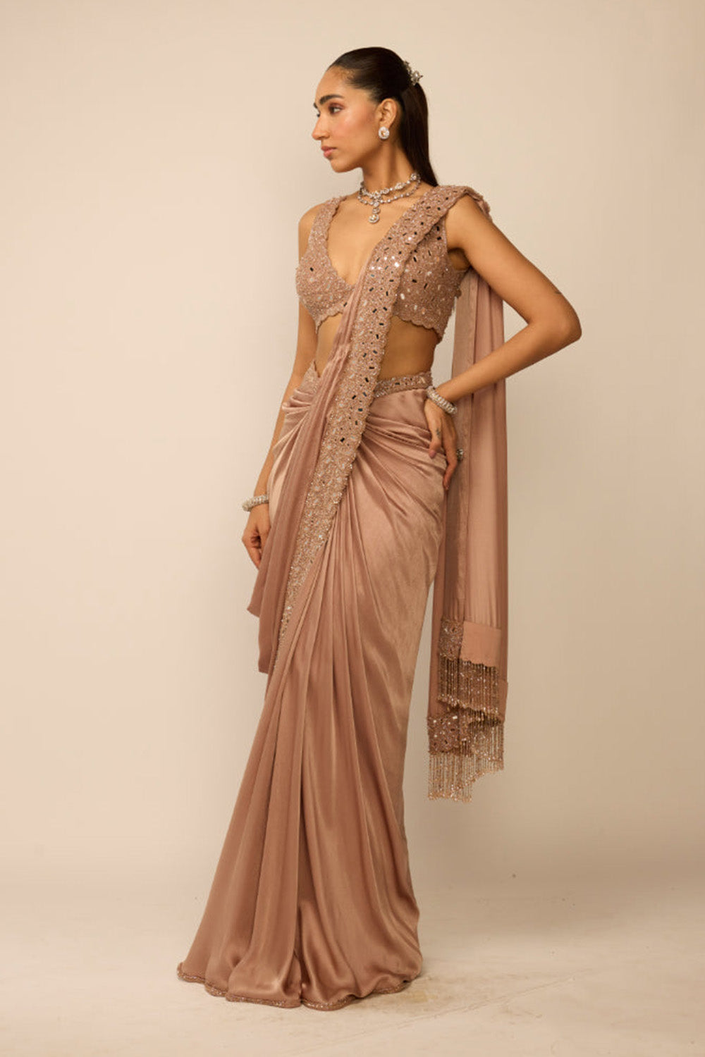 Bronze Ros� Satin Draped Saree Set