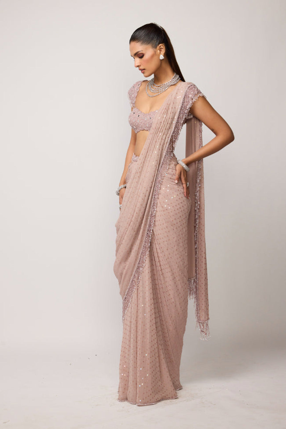 Ash Pink Sequins Embroidered Draped Saree Set