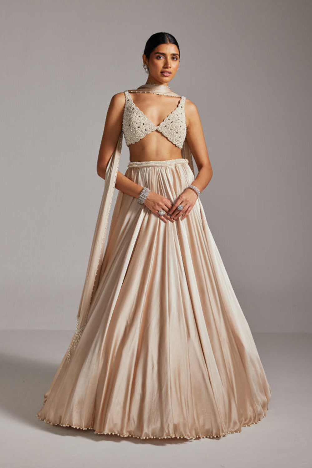 Light Beige V Neck Satin skirt Set