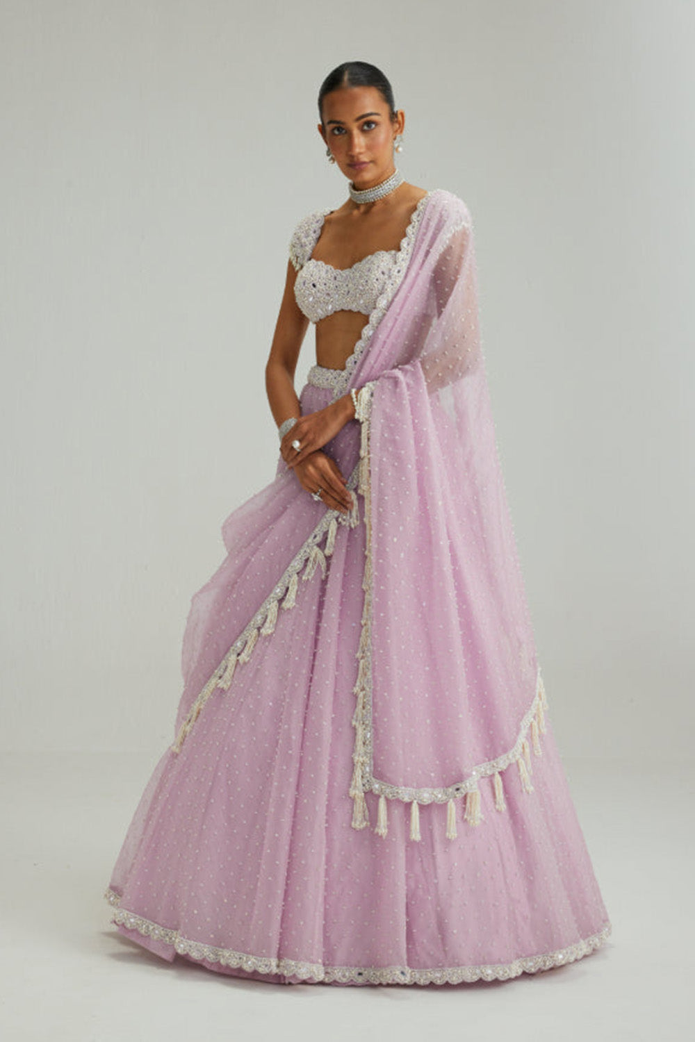 Lavender mirror and pearl lehenga set