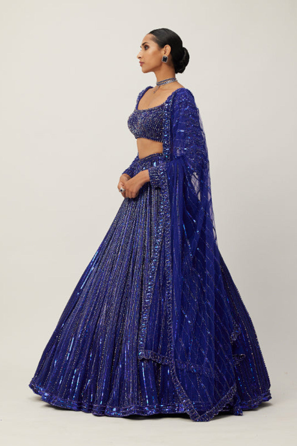 Cocktail blue Crystal linear Embroidered Lehenga Set
