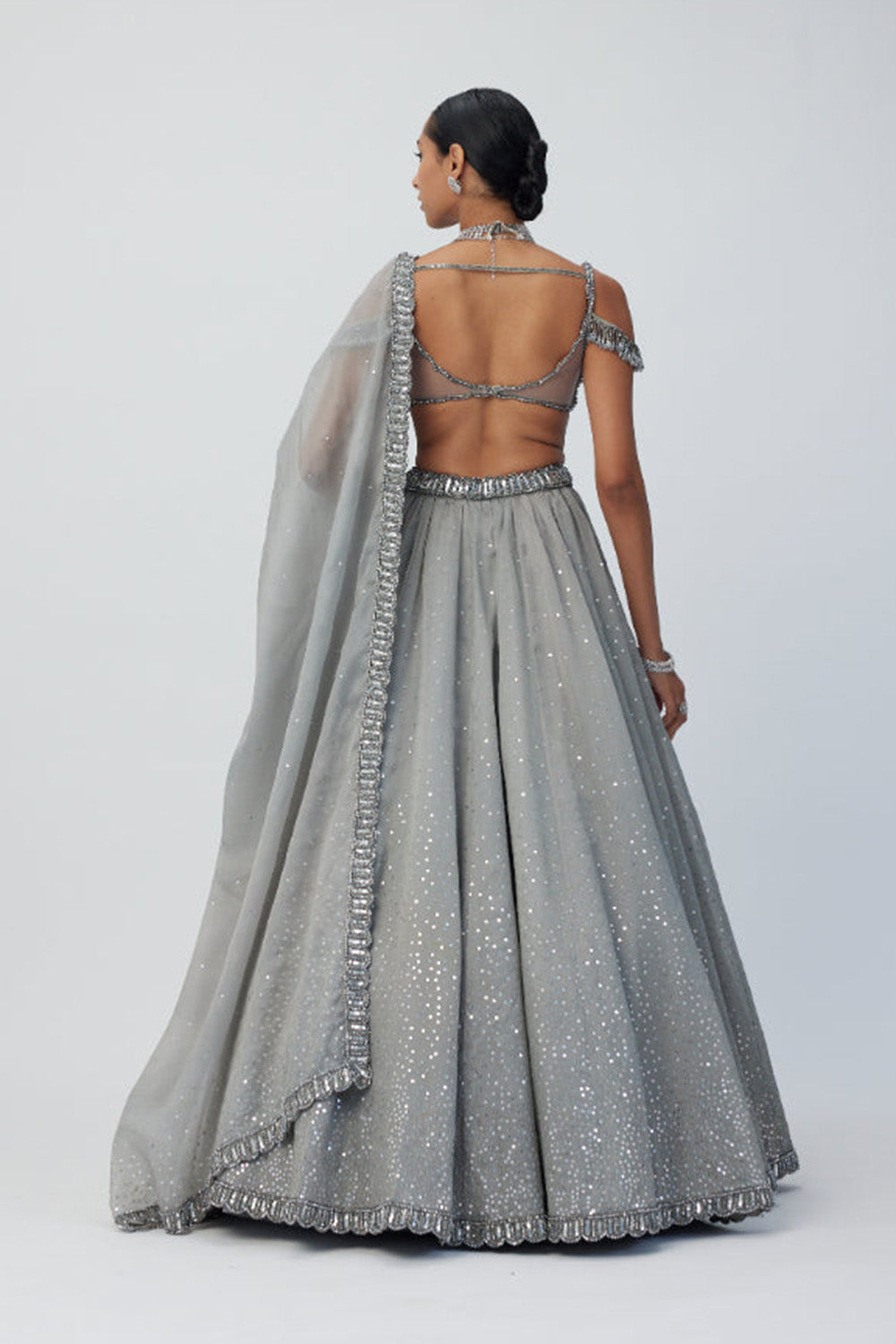 Crystal Grey Sequins Scattered Organza Lehenga Set