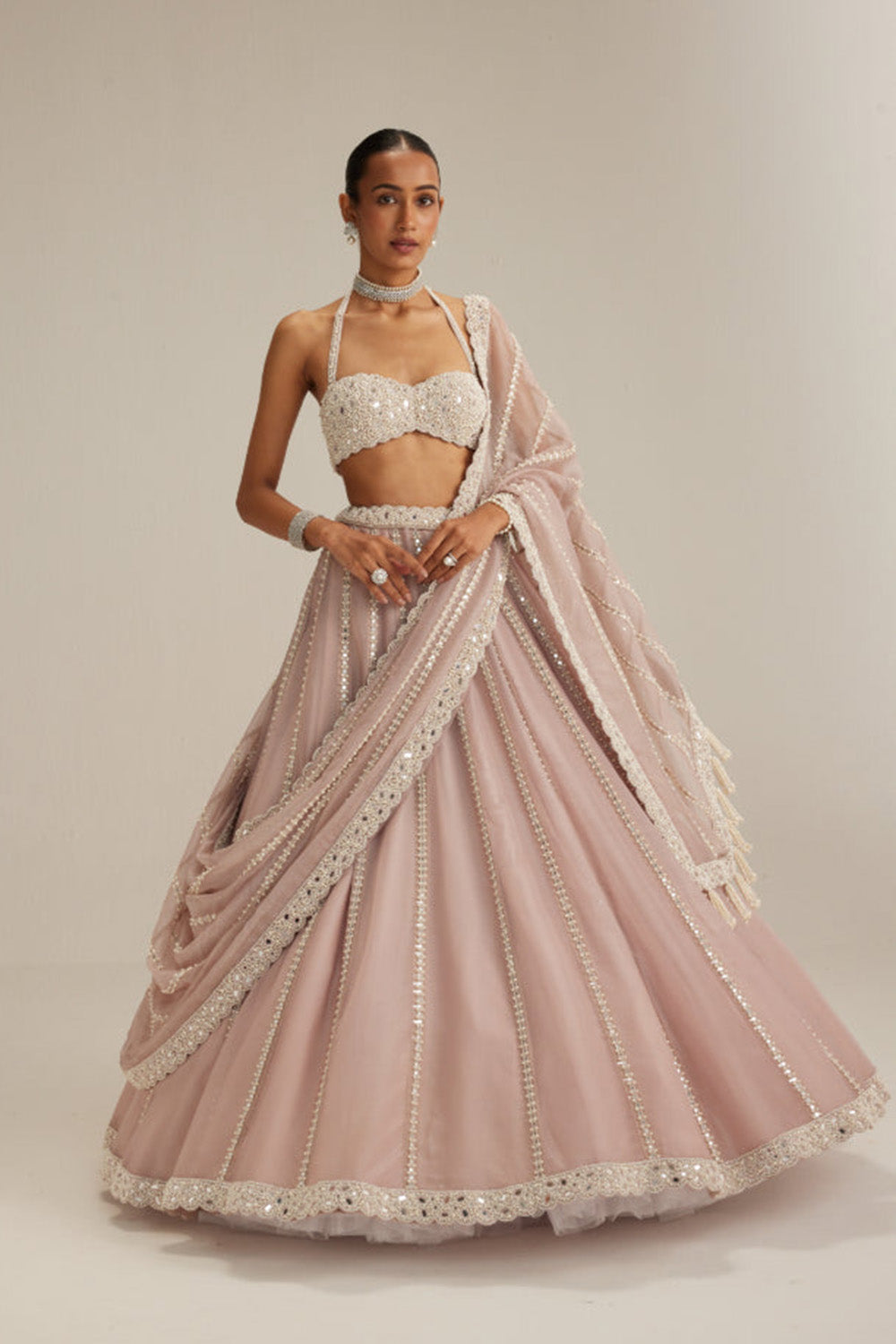 Ash Pink linear embroidered Organza Lehenga Set