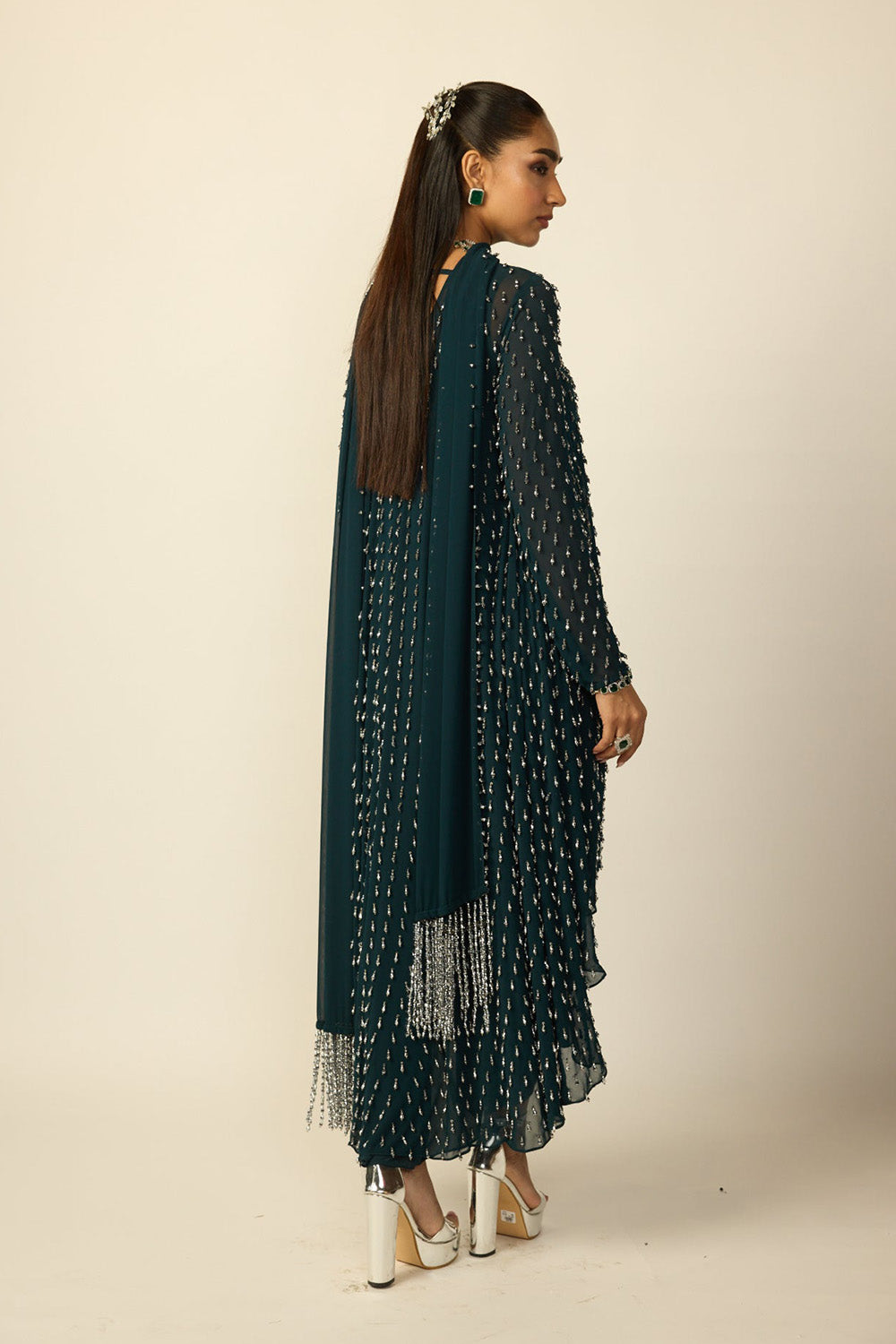 Dark Teal Silver Drop Kurta With Stole