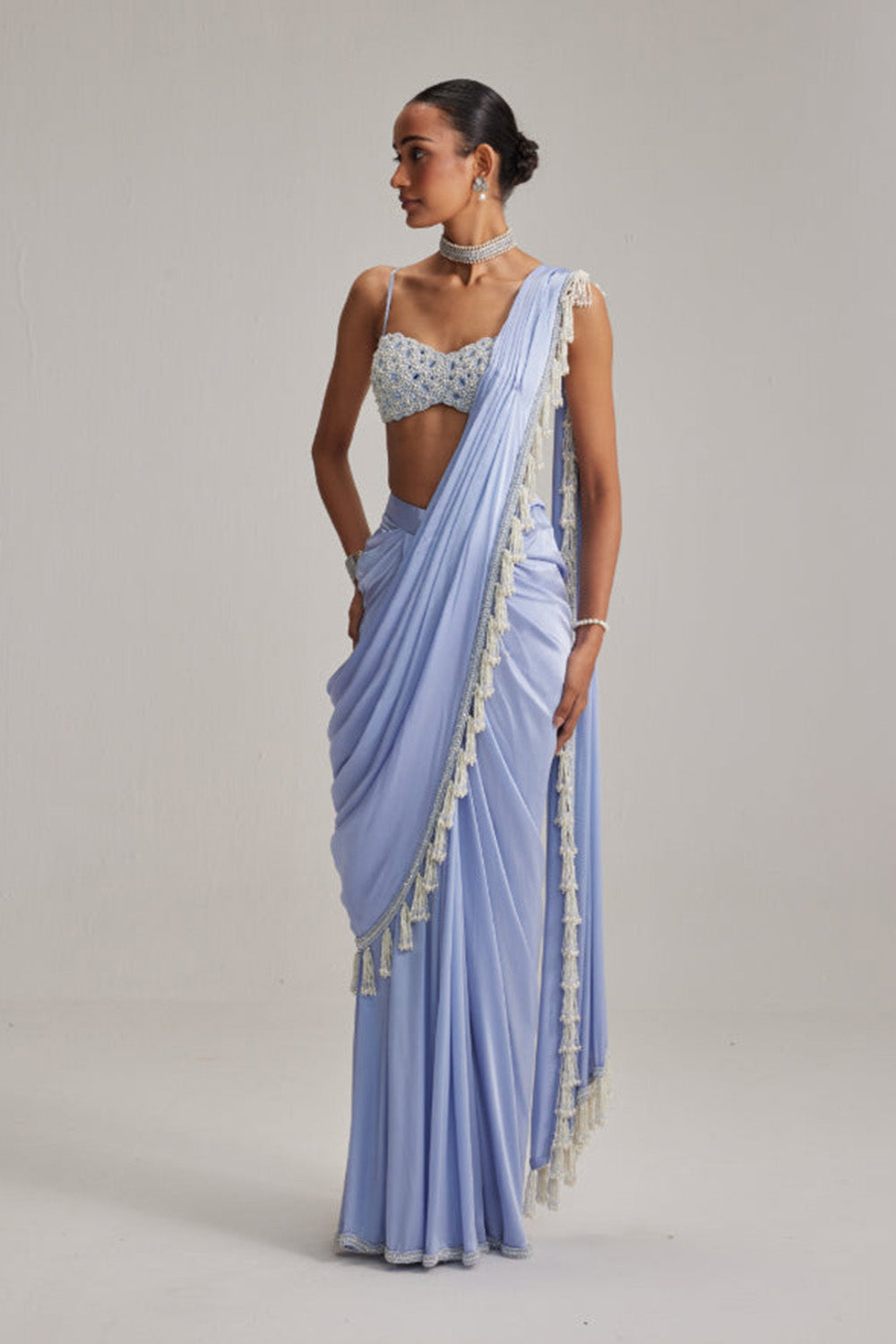 Dew Blue Satin Draped Saree Set