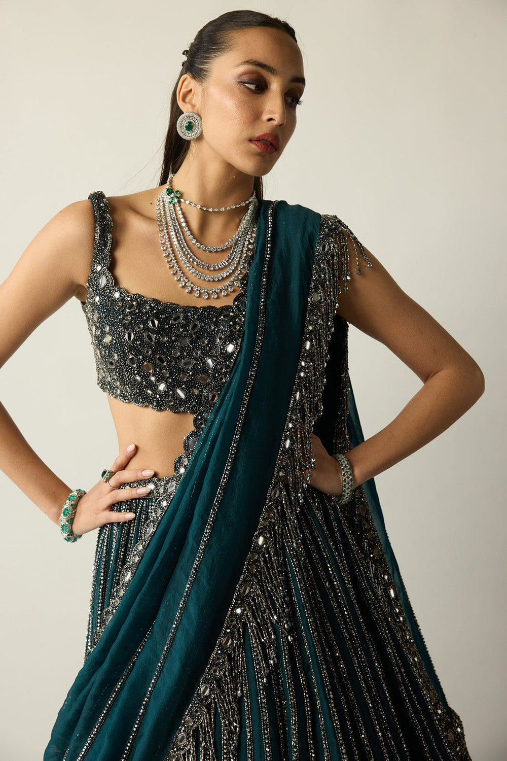 Dark Teal Linear Lehenga Set