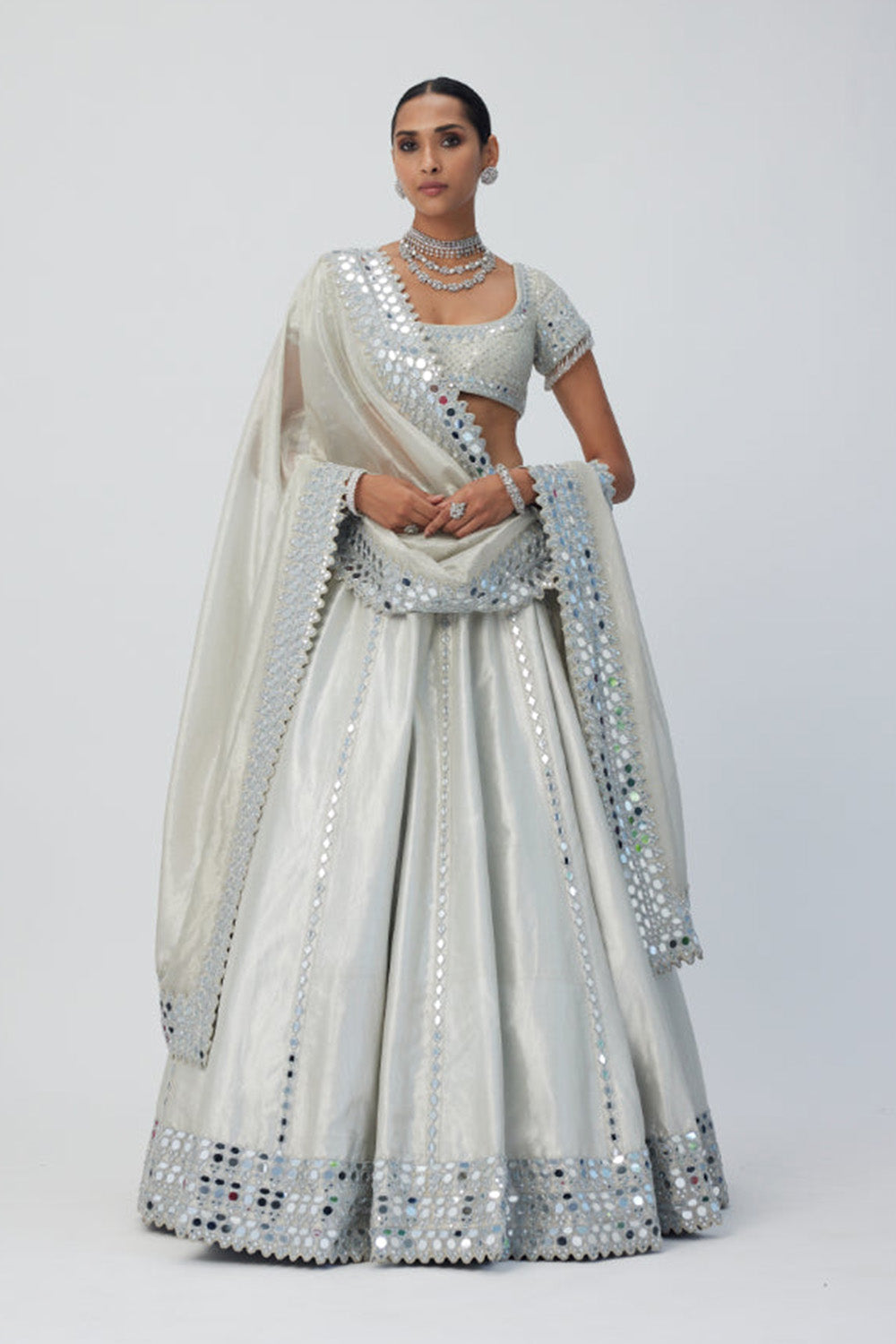 Silver Shimmer Organza Linear Lehenga Set