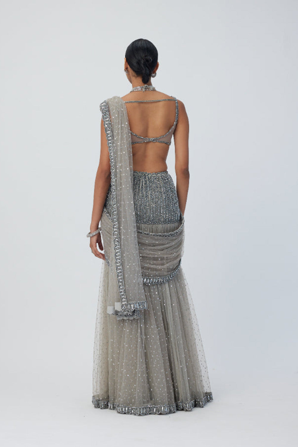 Crystal Grey Sequin Scattered Pre Draped Saree Set