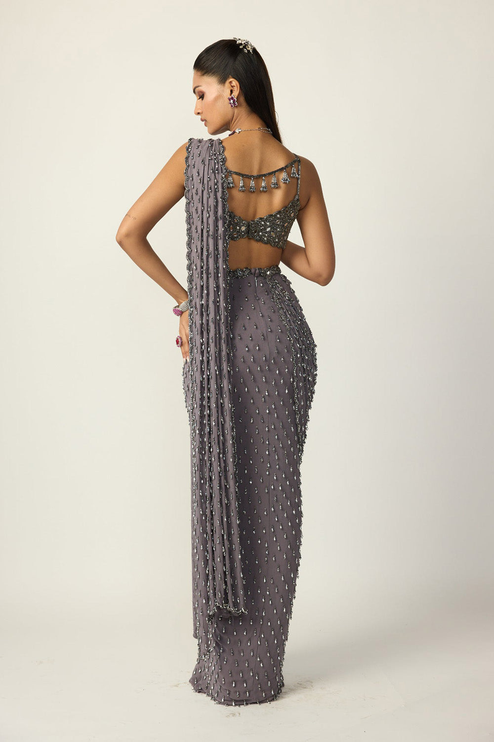 Metallic Grey Single Drop Draped Saree Set