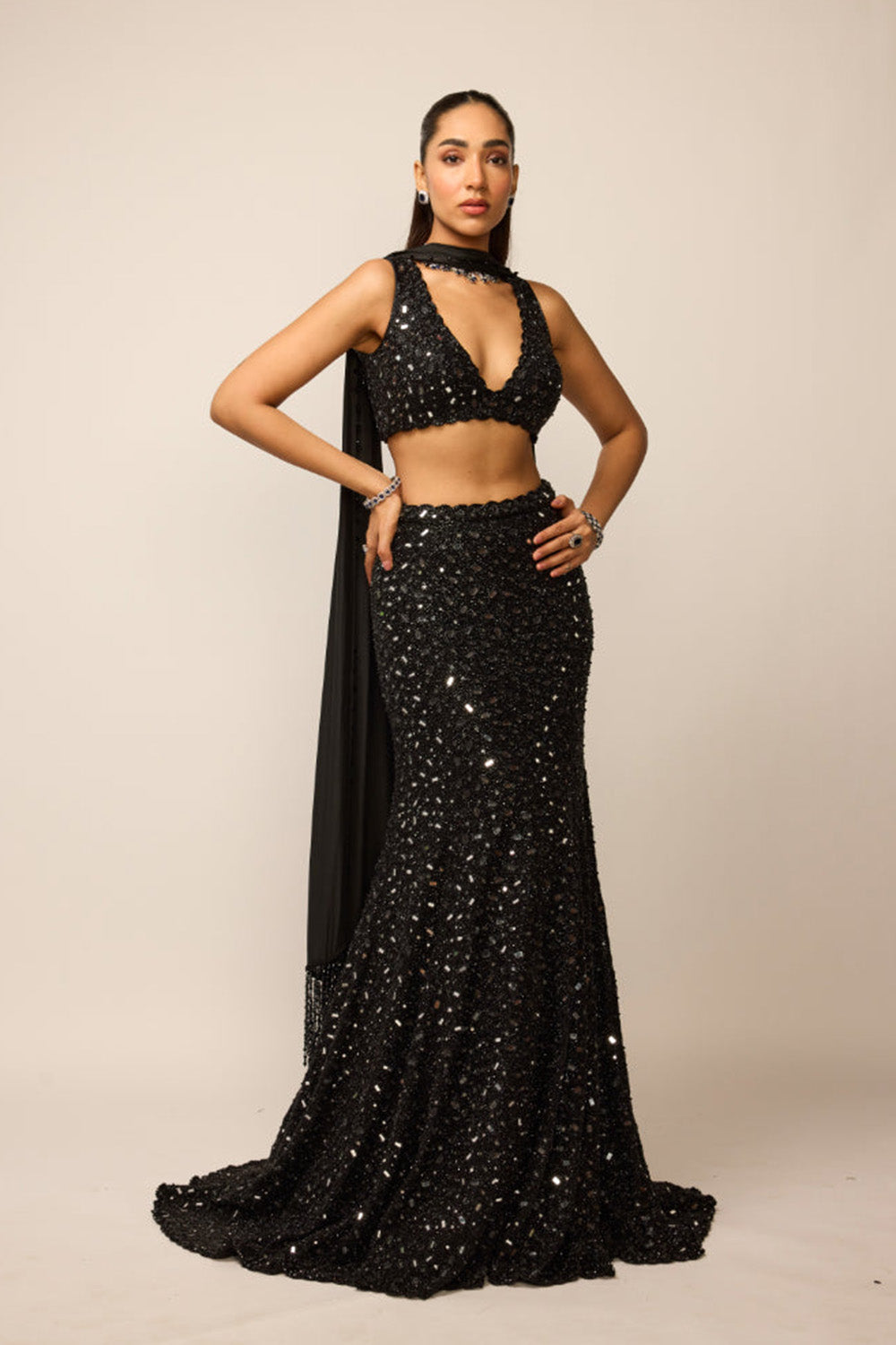 Black Fishcut Lehenga Set