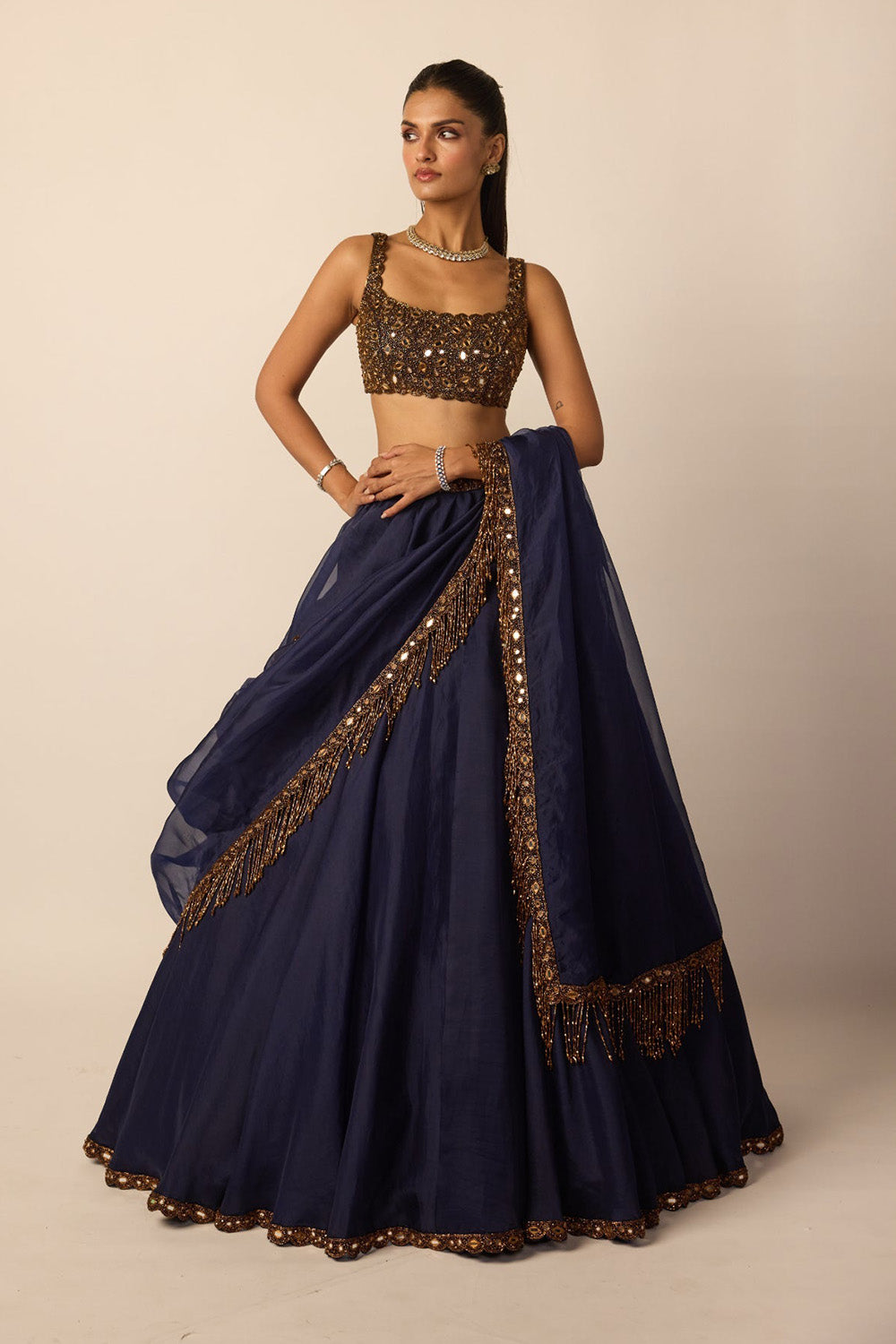 Deep Blue Tassel Dupatta Lehenga Set