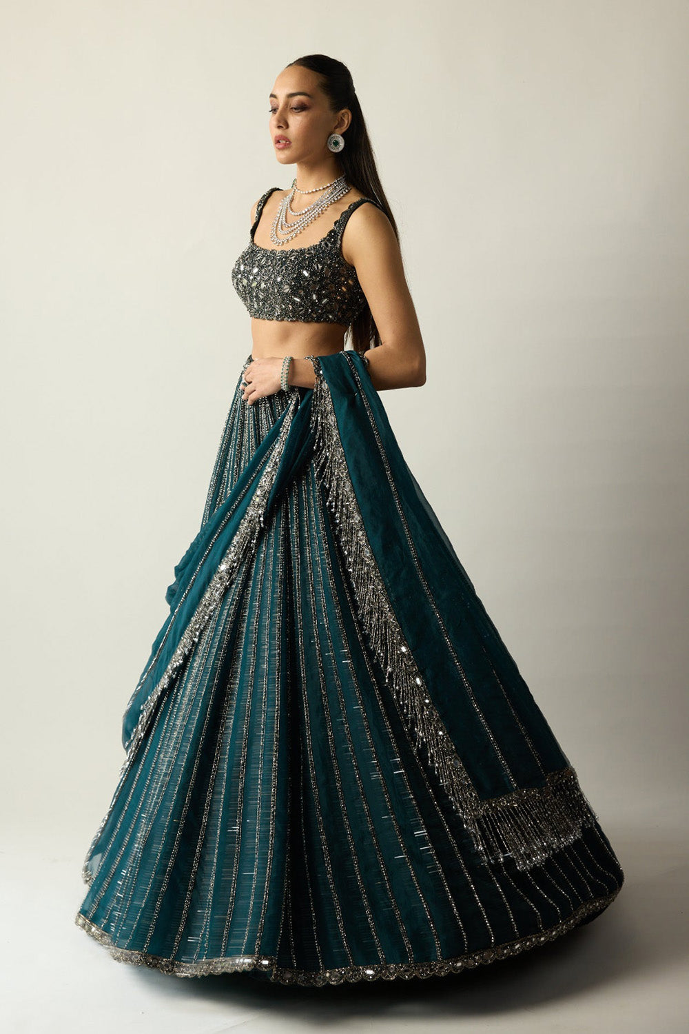 Dark Teal Linear Lehenga Set