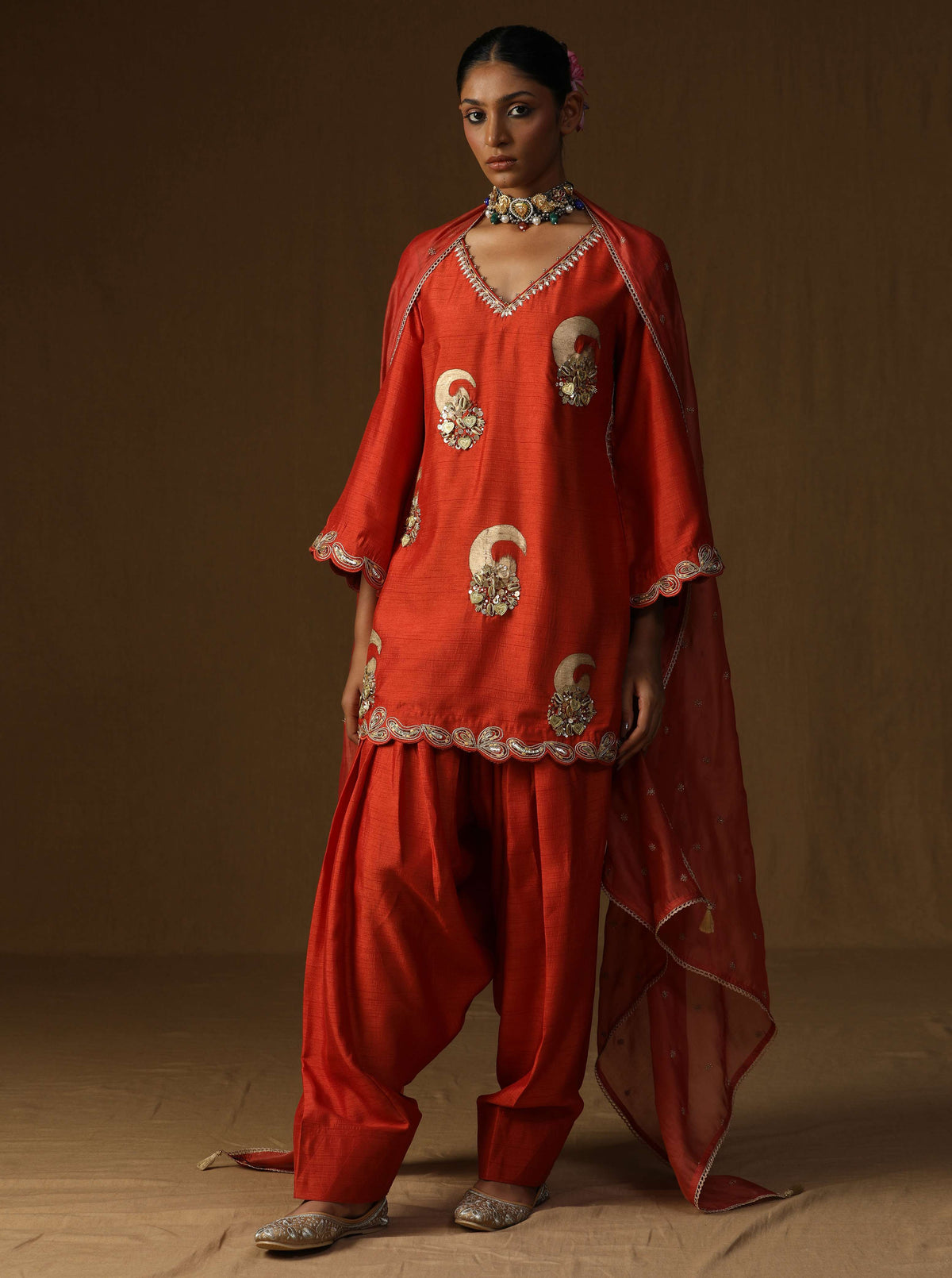 Vrind?  Kesariya Embroidered Suit Set