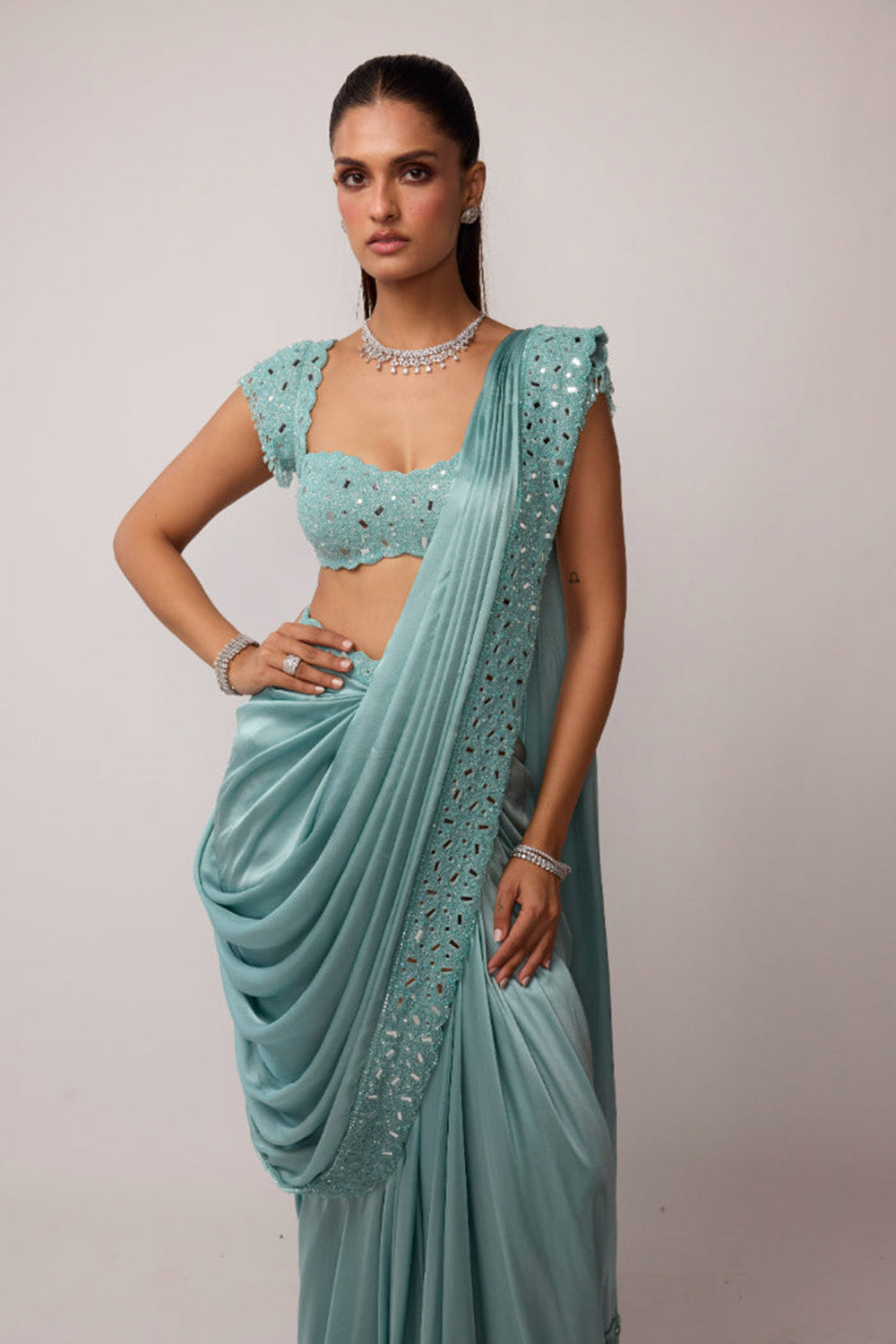 Powder Blue Draped Saree Set