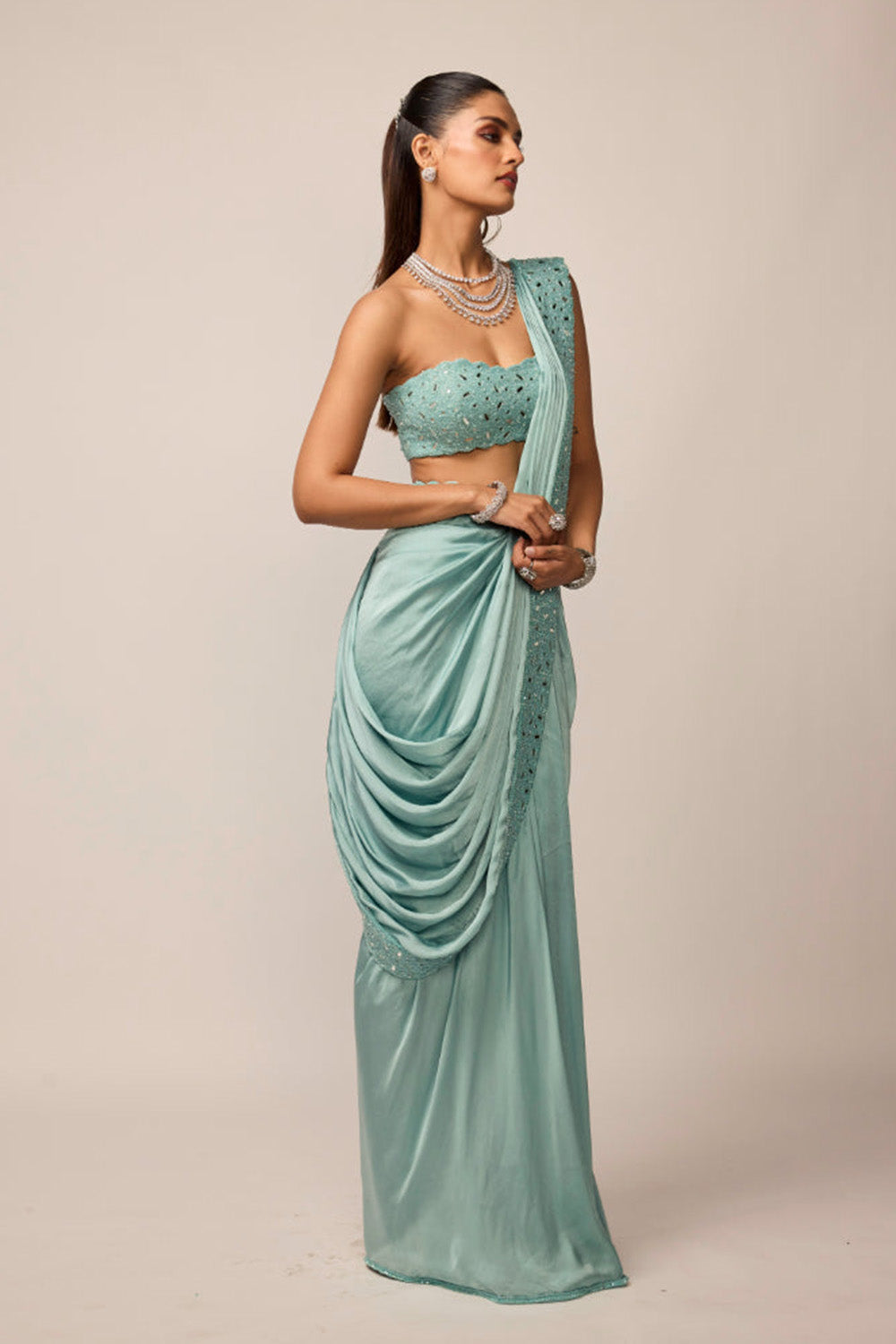 Powder Blue Satin Draped Saree Set
