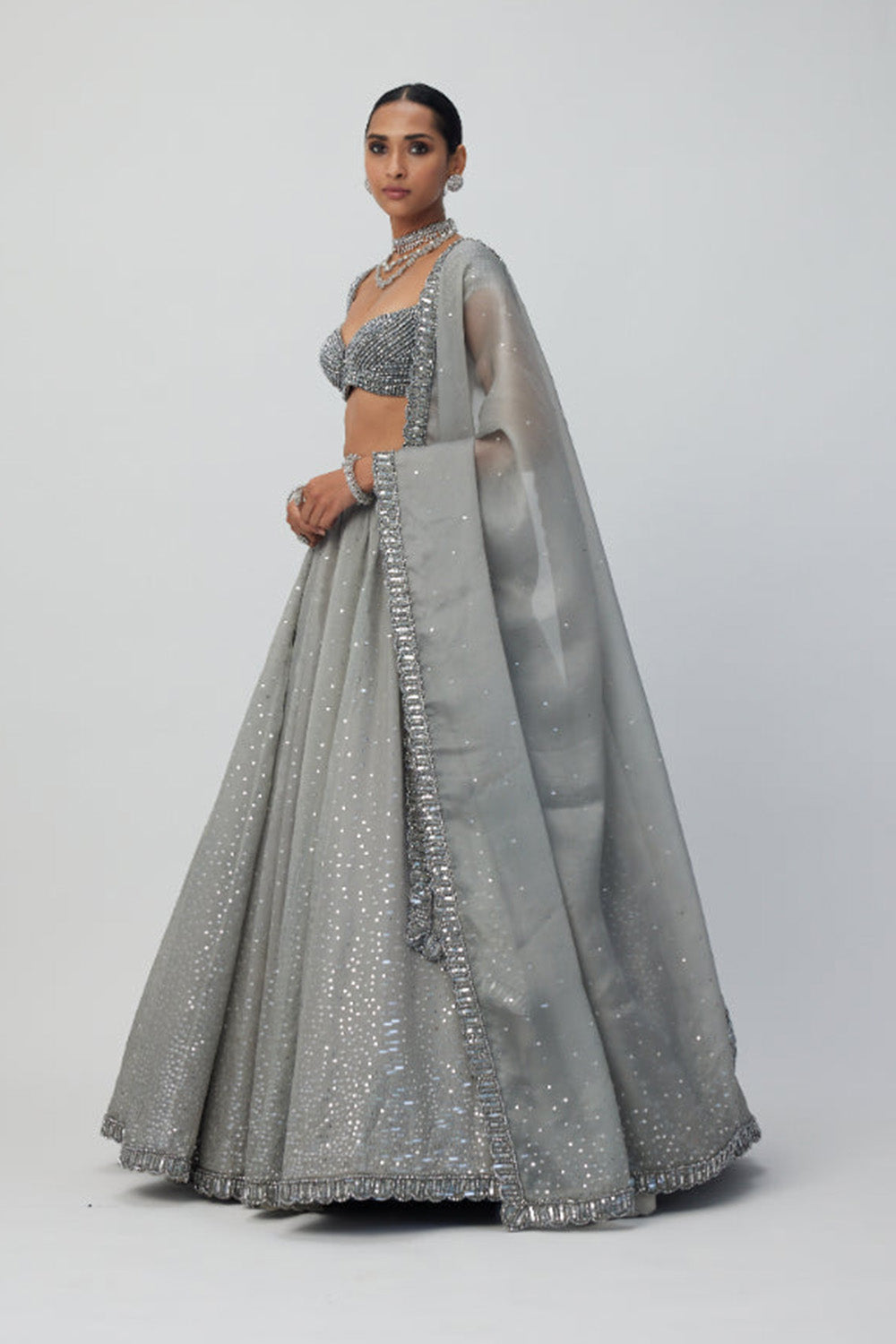 Crystal Grey Sequins Scattered Organza Lehenga Set