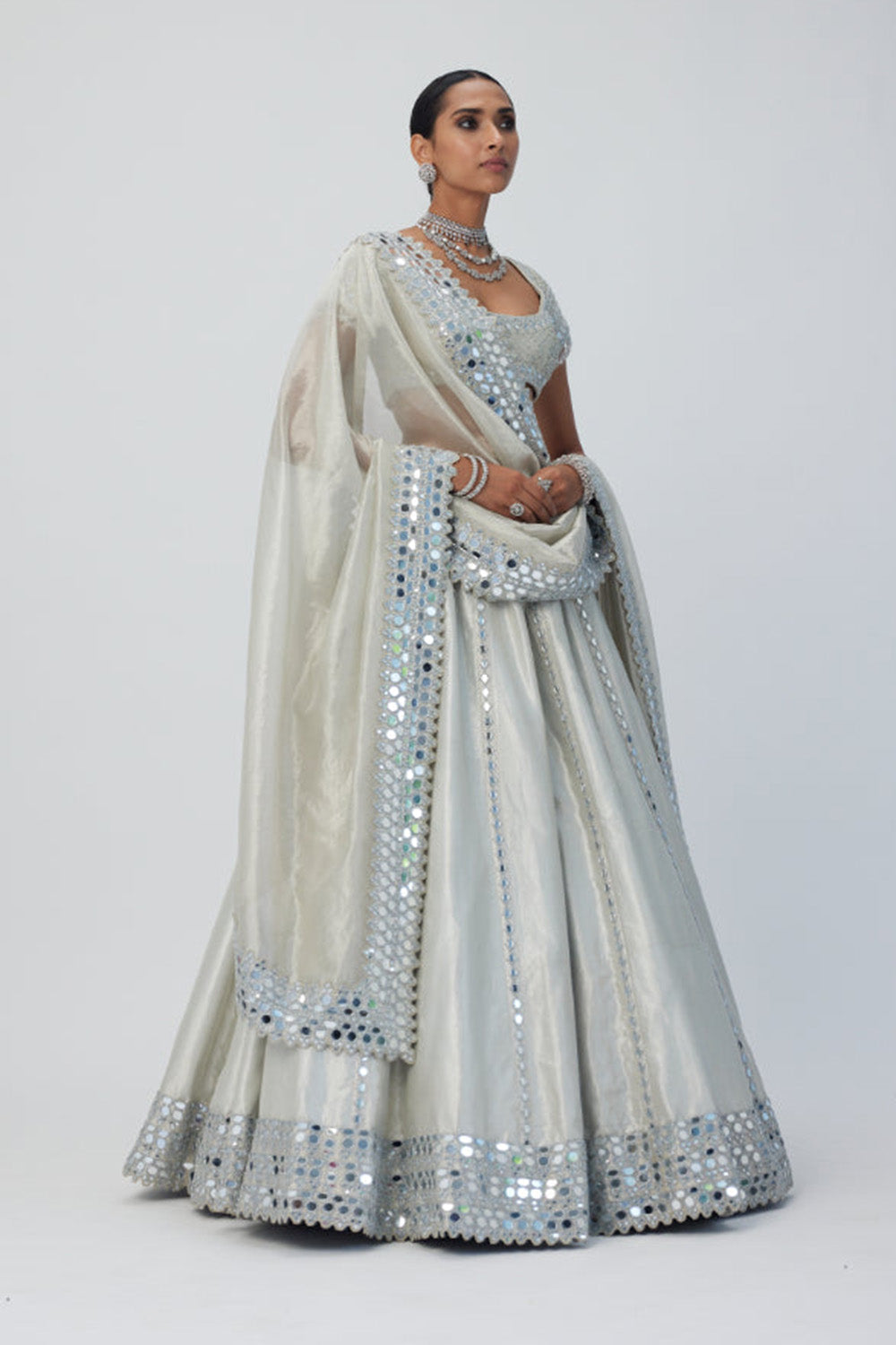 Silver Shimmer Organza Linear Lehenga Set