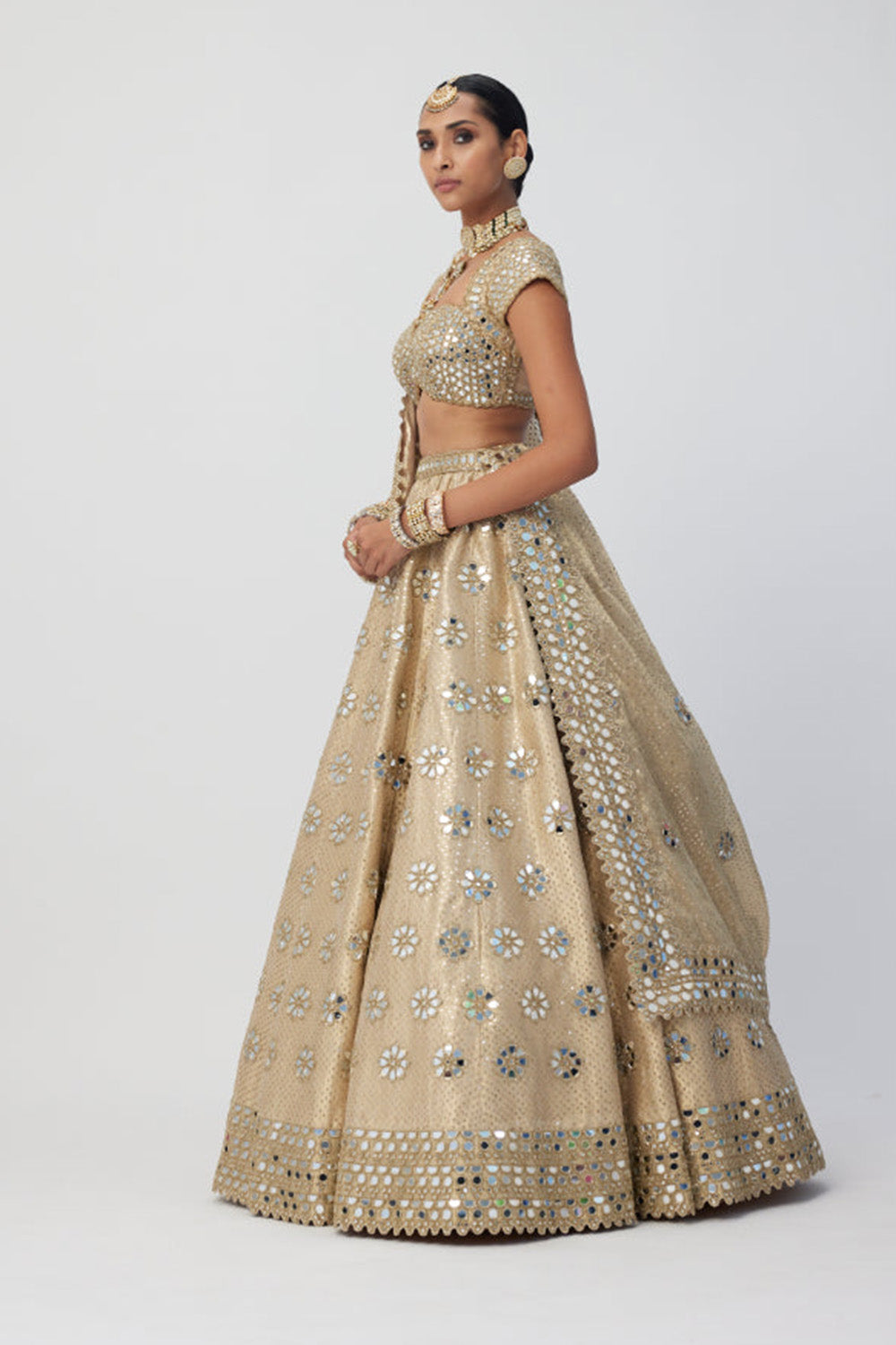 Golden Shimmer Organza Flower Lehenga Set