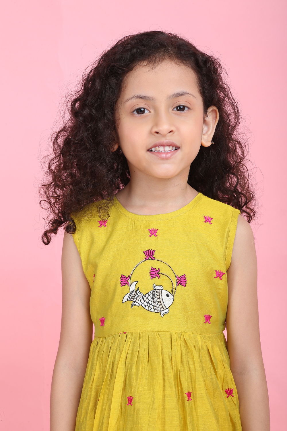 MUSTARD PICHWAI FISH AND LOTUS DRESS