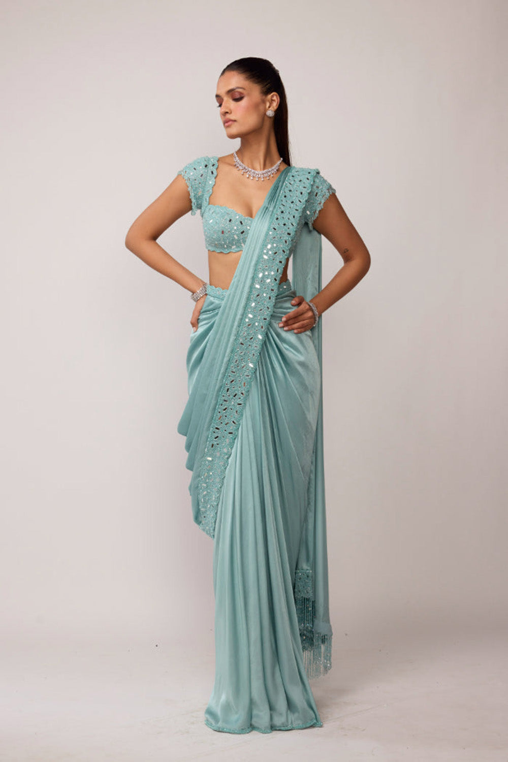 Powder Blue Draped Saree Set