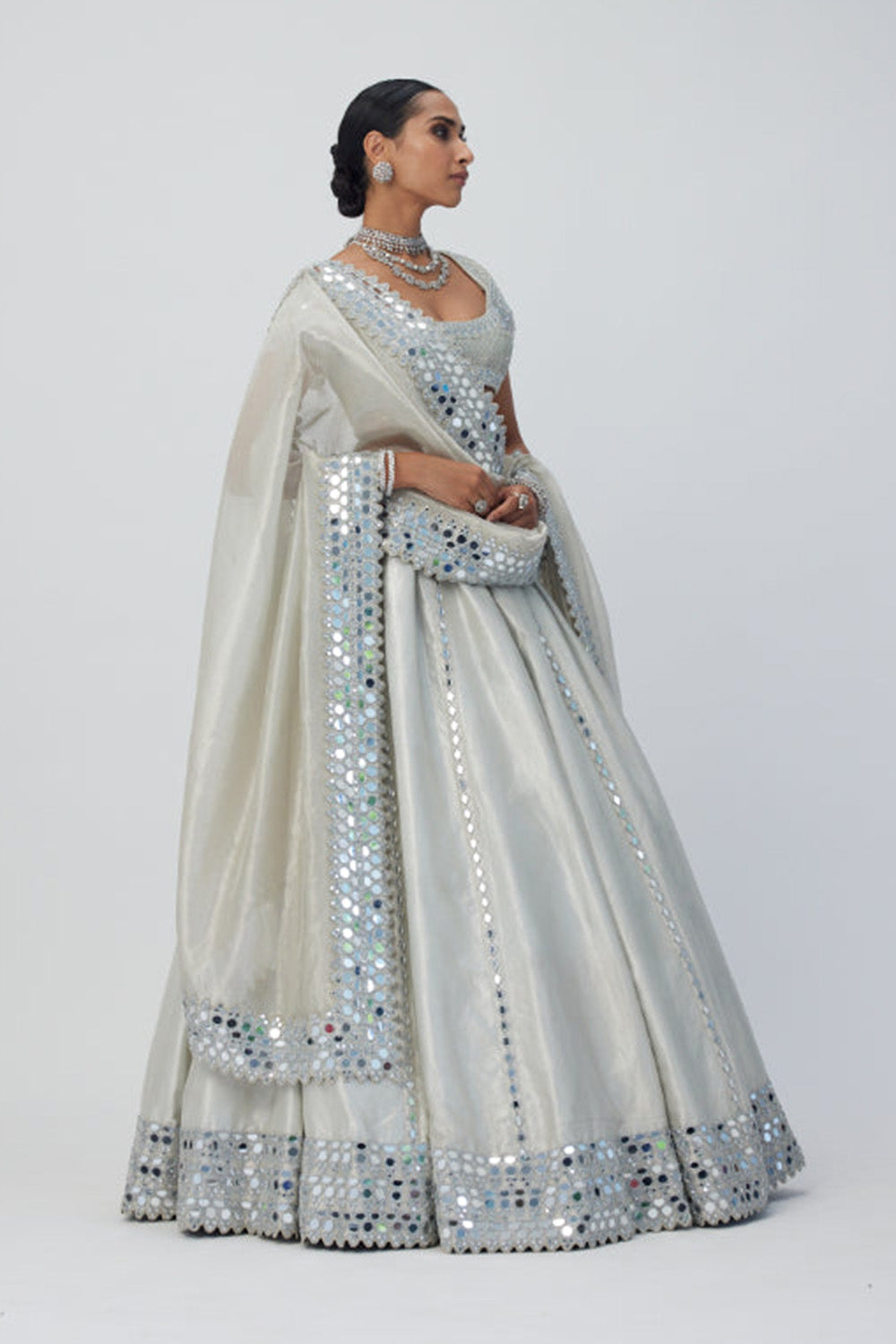 Silver Shimmer Organza Linear Lehenga Set
