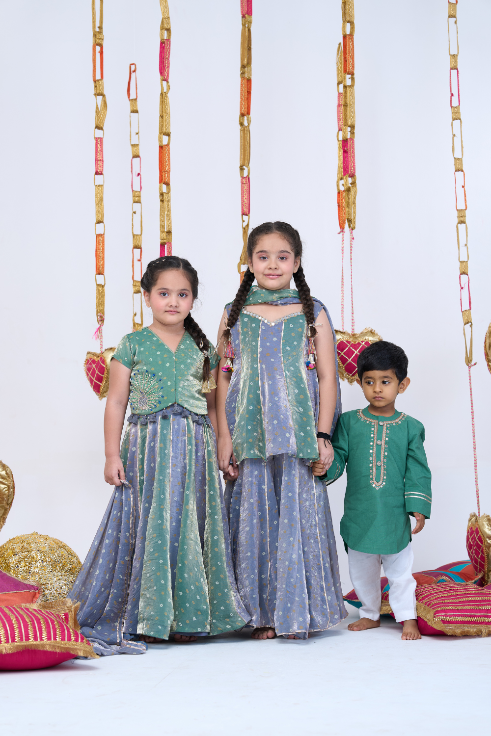 GREEN AND GREY BANDHANI SHARARA