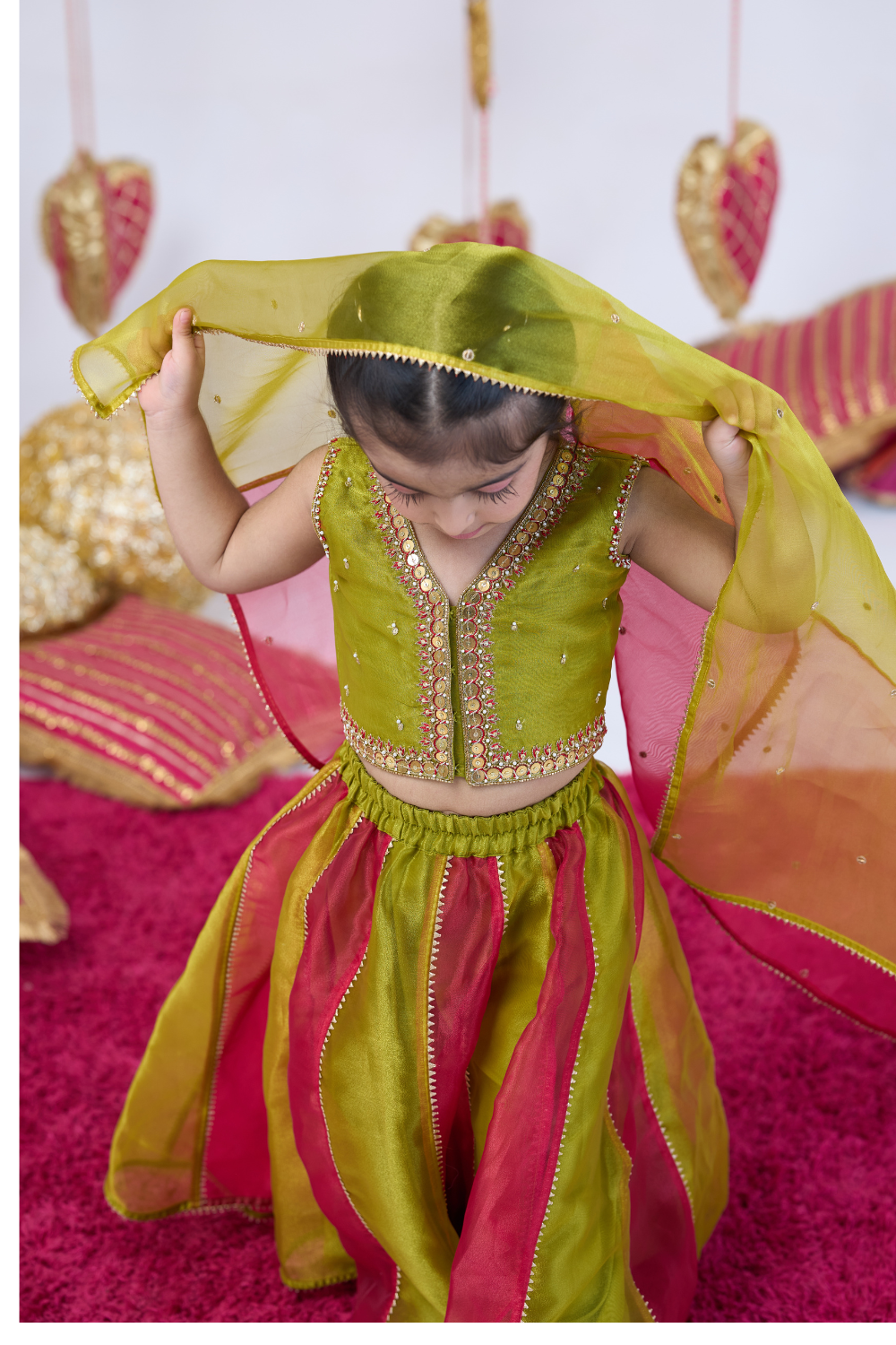 RED AND GREEN METAL WORK LEHENGA