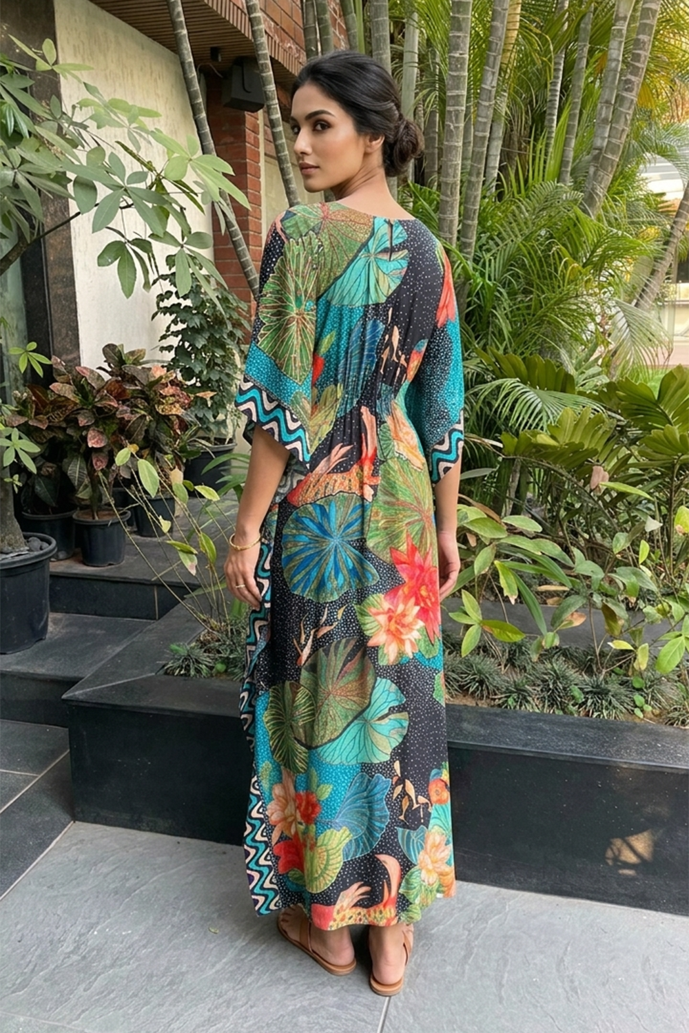 V Neck Flowy Printed Kaftan