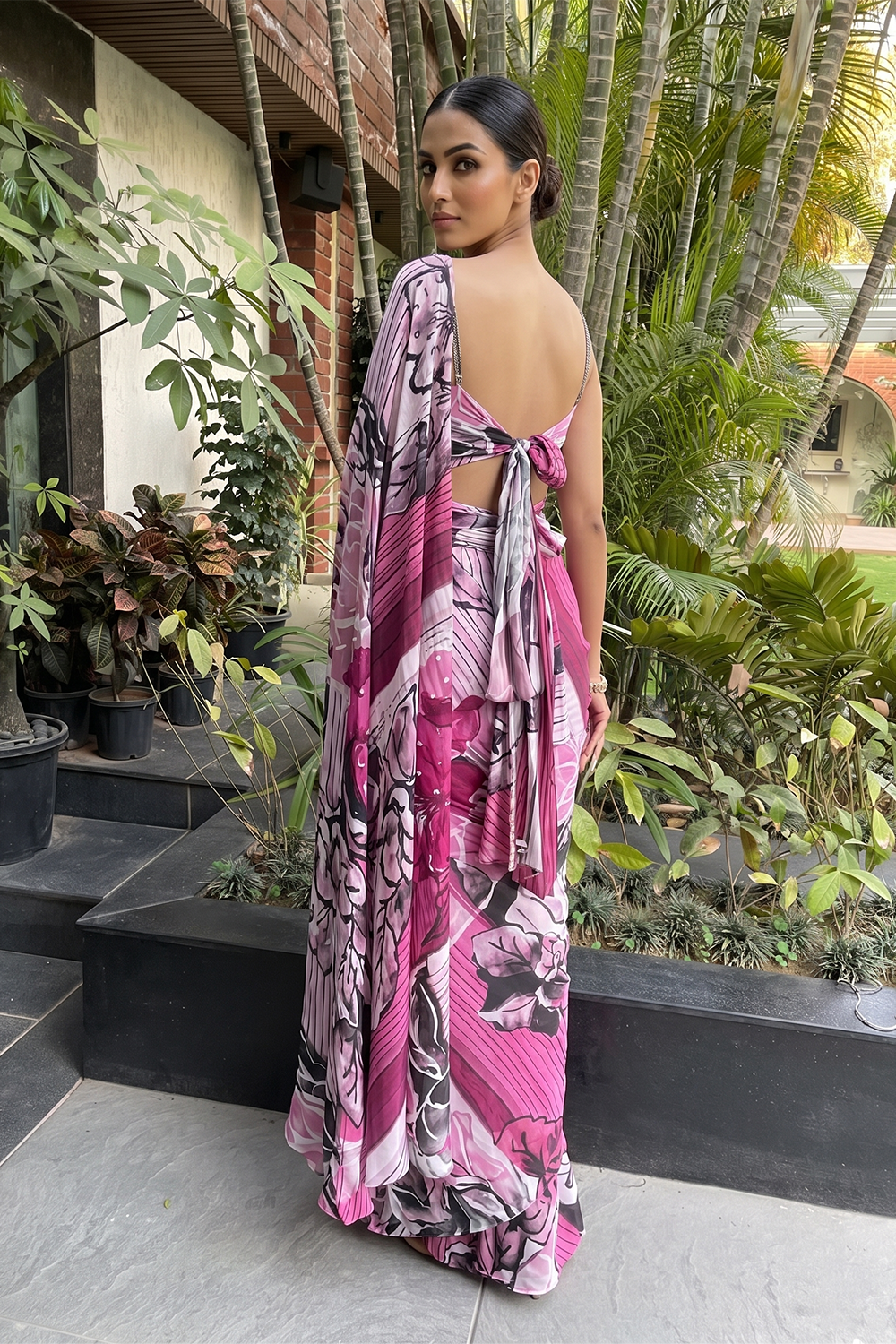 Floral Deep Fuchsia and Black Saree