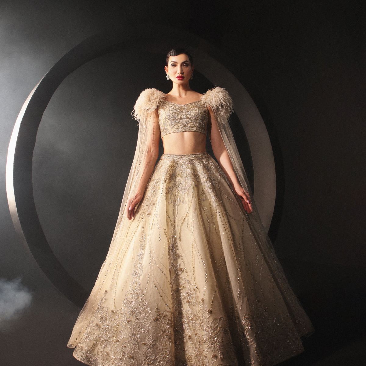 long sleeve lehenga dress An Embroidered Lehenga With a Floral Motive And Feather Sleeves