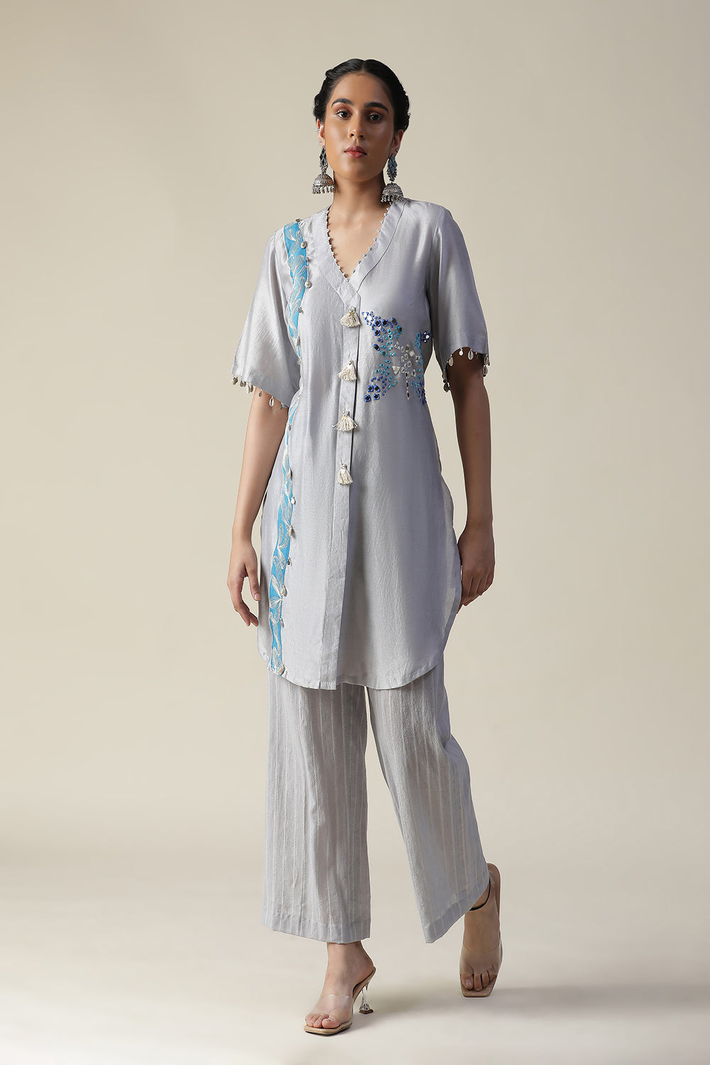 Ice Blue Embroidered Short Kaftan Cord Set - Auraya Fashion - Arpita Sulakshana - #tag1# - #tag2# - #tag3# - #tag3#