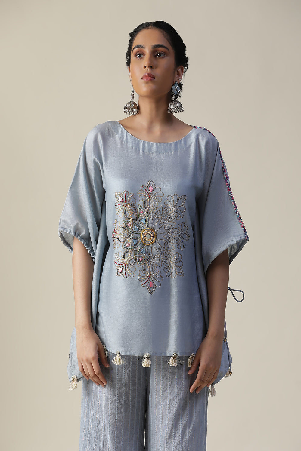 Ice Blue Embroidered Short Kaftan Cord Set - Auraya Fashion -  - #tag1# - #tag2# - #tag3# - #tag3#