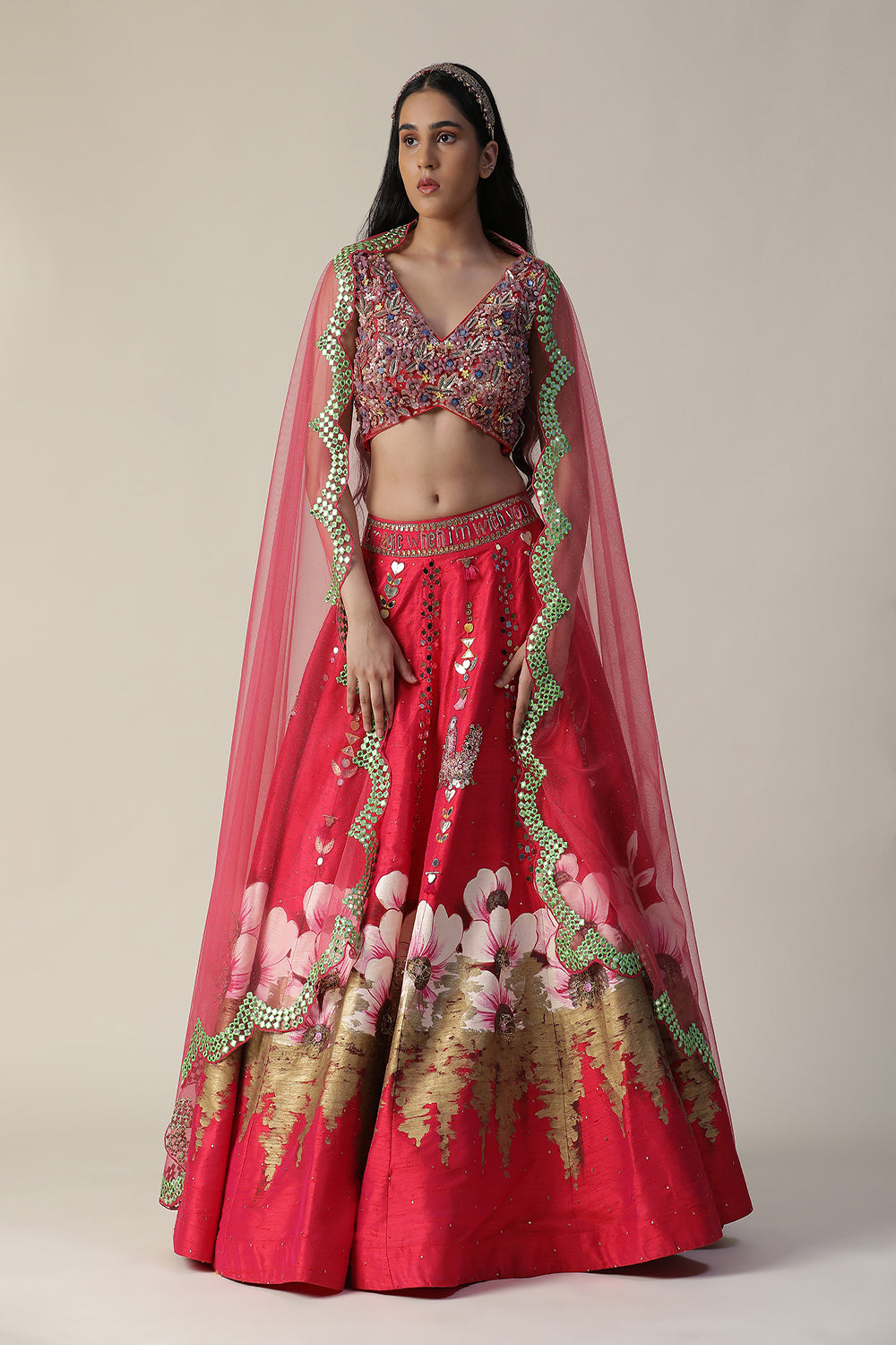 Hot Pink Raw Silk Hand Painted Flower Lehenga Set - Auraya Fashion -  - #tag1# - #tag2# - #tag3# - #tag3#