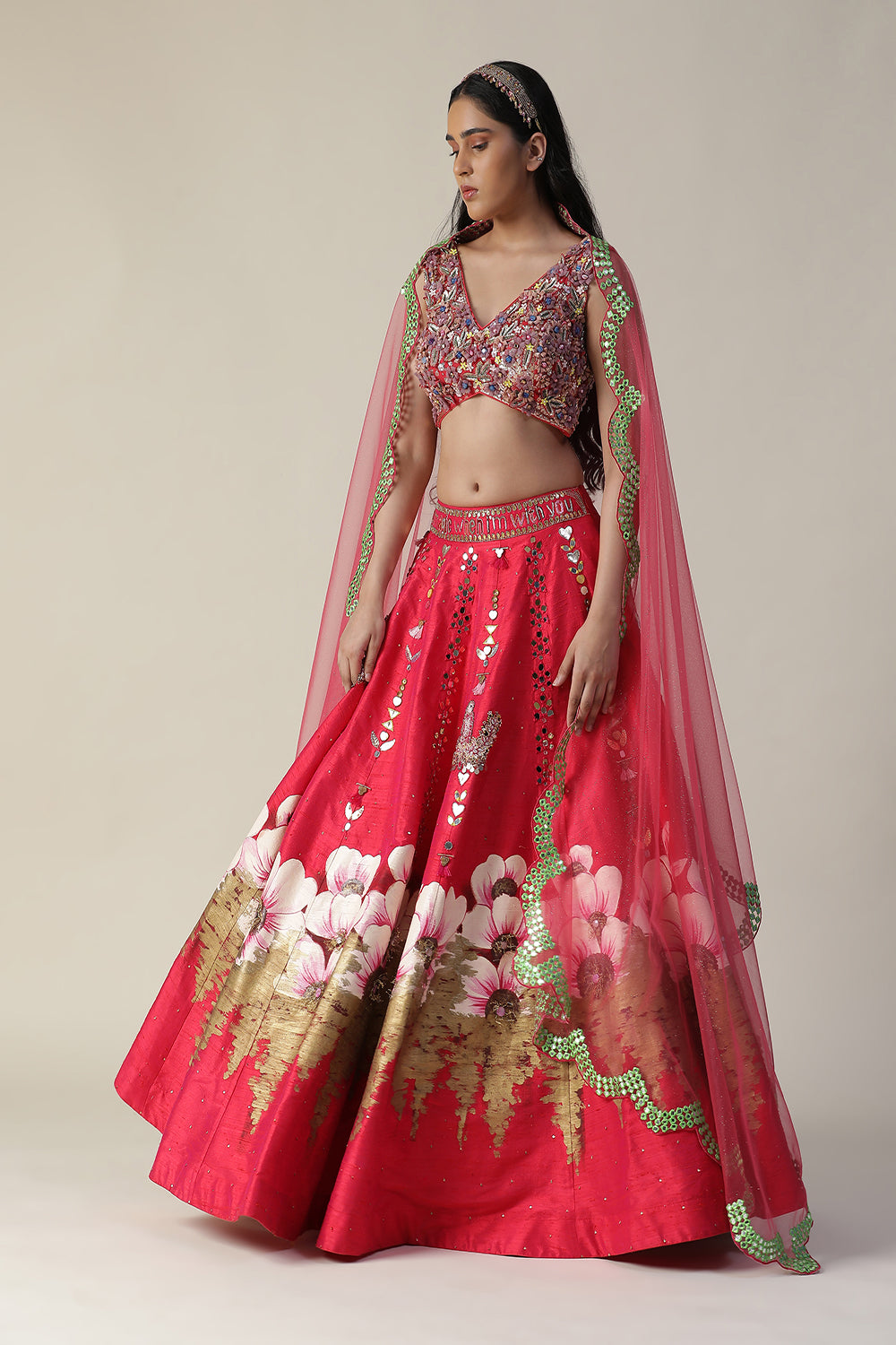 Hot Pink Raw Silk Hand Painted Flower Lehenga Set - Auraya Fashion -  - #tag1# - #tag2# - #tag3# - #tag3#