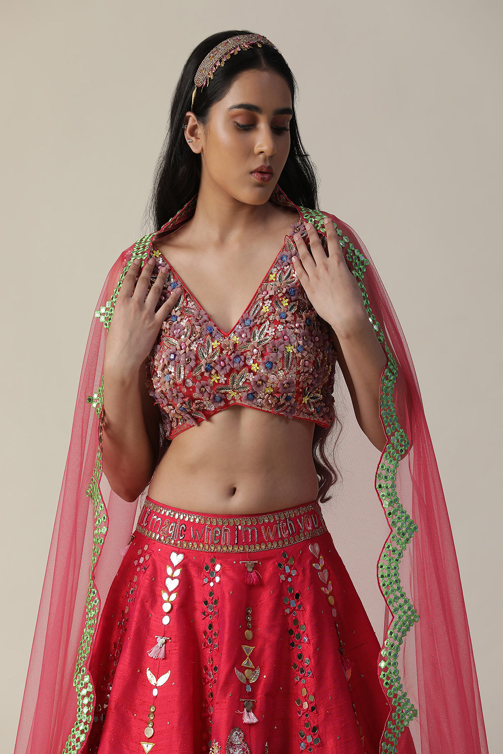 Hot Pink Raw Silk Hand Painted Flower Lehenga Set - Auraya Fashion -  - #tag1# - #tag2# - #tag3# - #tag3#