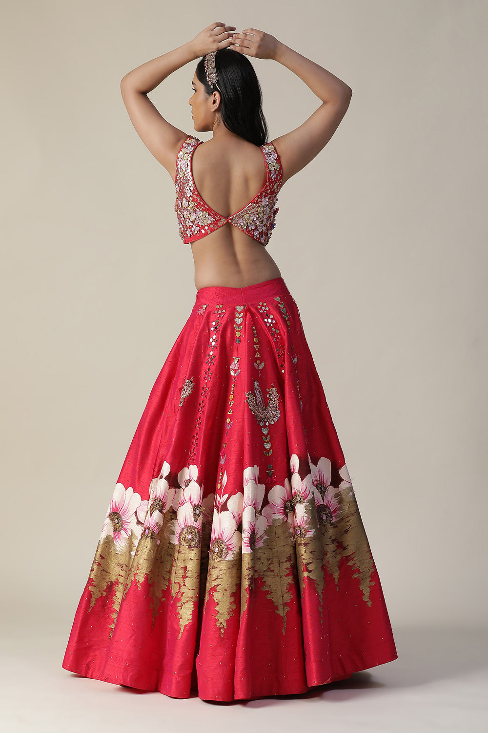 Hot Pink Raw Silk Hand Painted Flower Lehenga Set - Auraya Fashion -  - #tag1# - #tag2# - #tag3# - #tag3#