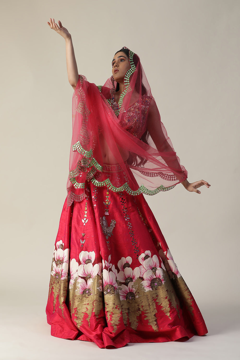 Hot Pink Raw Silk Hand Painted Flower Lehenga Set - Auraya Fashion -  - #tag1# - #tag2# - #tag3# - #tag3#