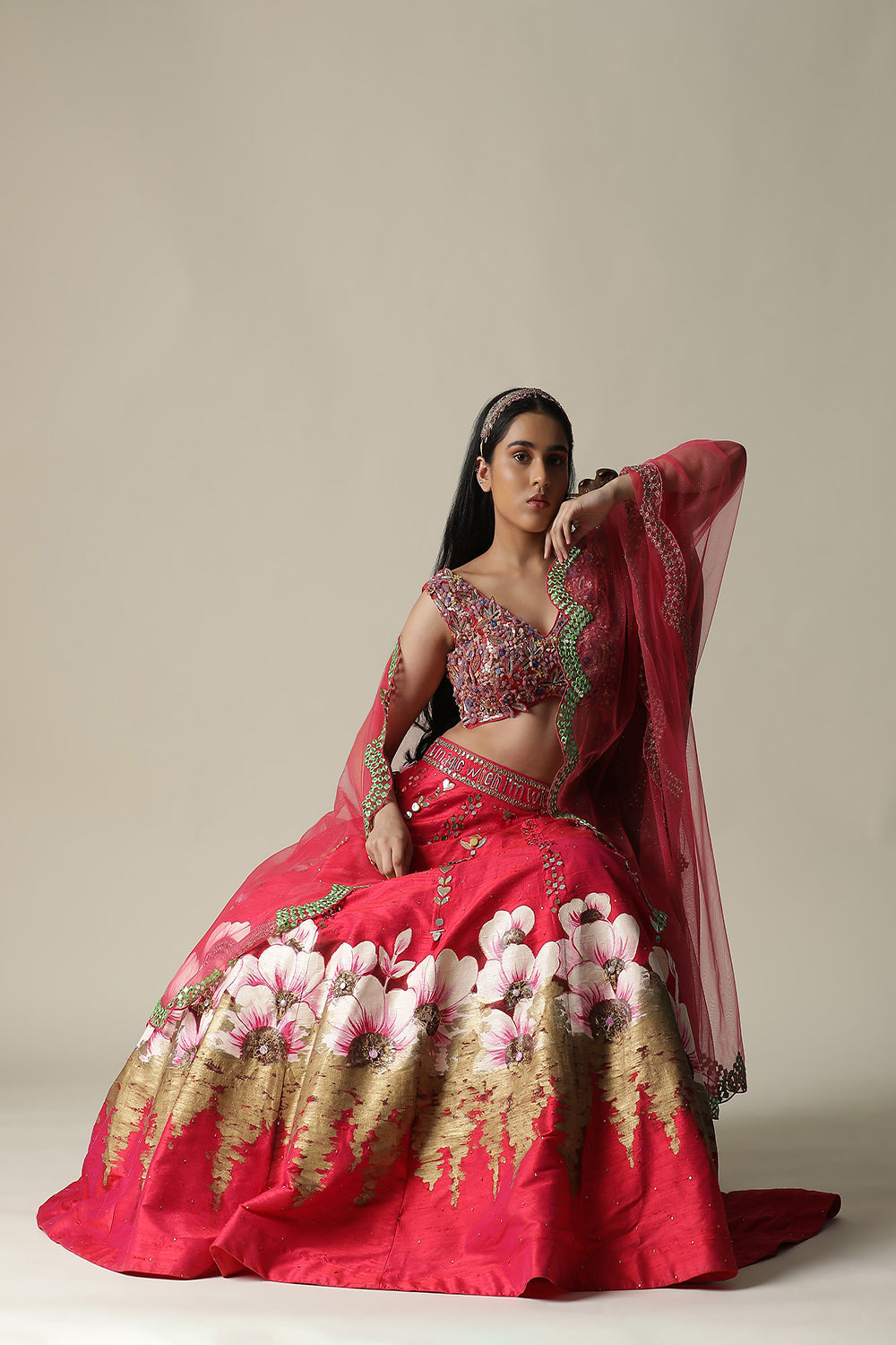 Hot Pink Raw Silk Hand Painted Flower Lehenga Set - Auraya Fashion -  - #tag1# - #tag2# - #tag3# - #tag3#