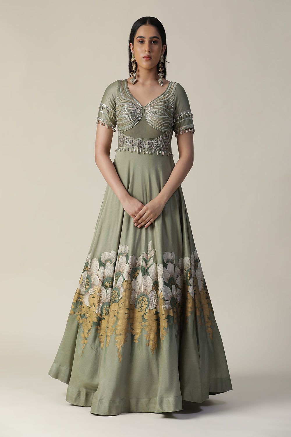 Pista Green Hand Painted Embroidered Chanderi Gown With Dupatta Set - Auraya Fashion - Arpita Sulakshana - #tag1# - #tag2# - #tag3# - #tag3#
