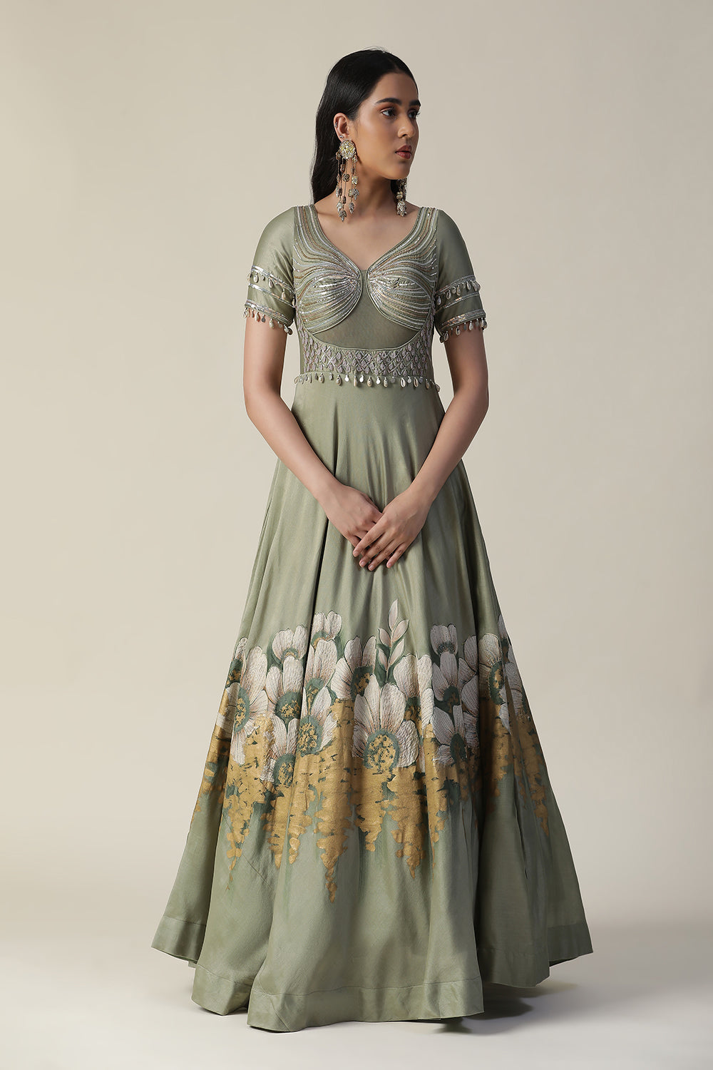 Pista Green Hand Painted Embroidered Chanderi Gown With Dupatta Set - Auraya Fashion -  - #tag1# - #tag2# - #tag3# - #tag3#