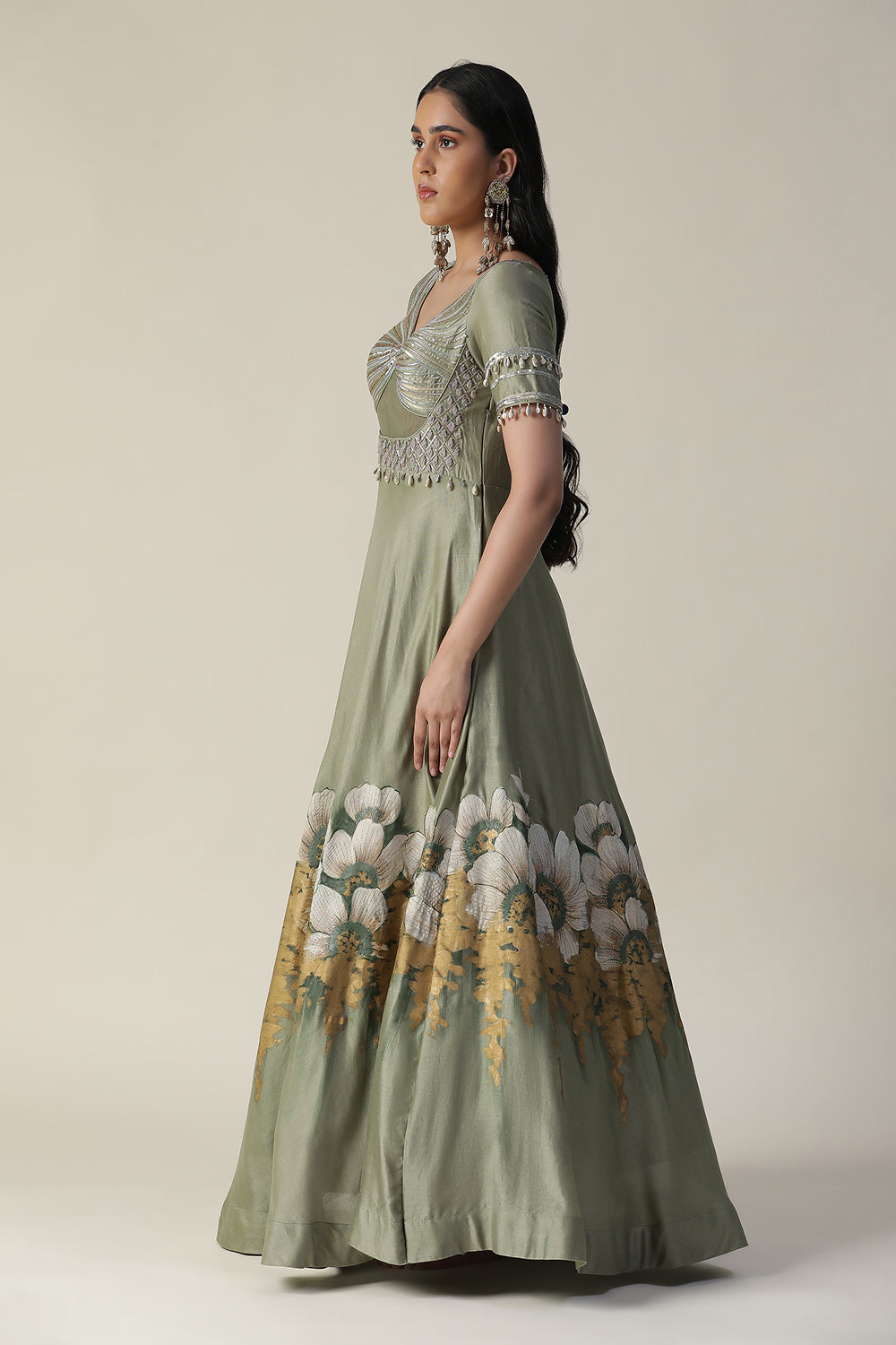 Pista Green Hand Painted Embroidered Chanderi Gown With Dupatta Set - Auraya Fashion -  - #tag1# - #tag2# - #tag3# - #tag3#