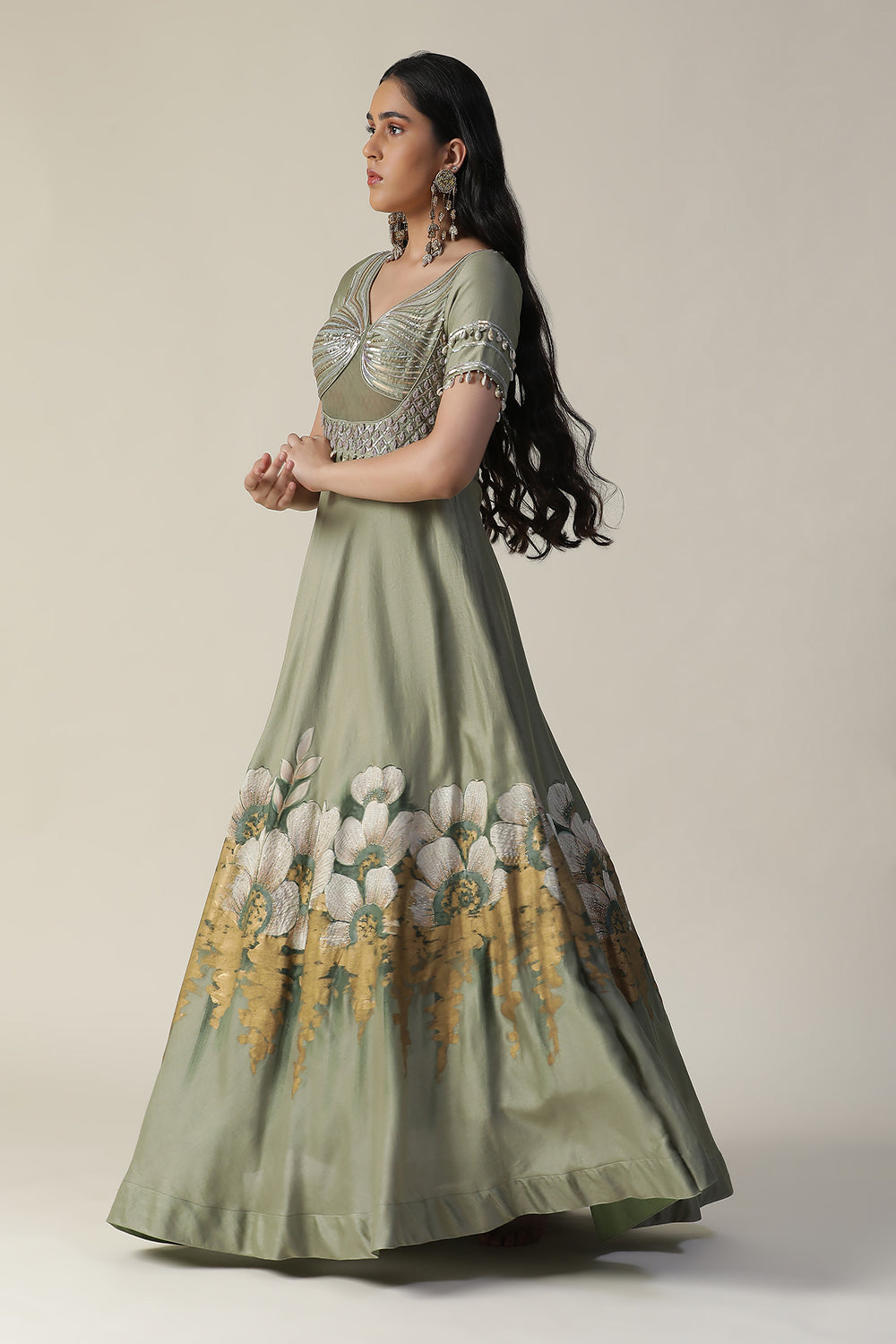 Pista Green Hand Painted Embroidered Chanderi Gown With Dupatta Set - Auraya Fashion -  - #tag1# - #tag2# - #tag3# - #tag3#