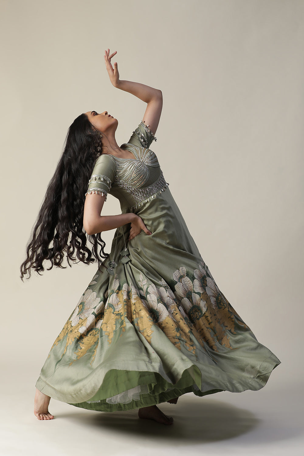 Pista Green Hand Painted Embroidered Chanderi Gown With Dupatta Set - Auraya Fashion -  - #tag1# - #tag2# - #tag3# - #tag3#