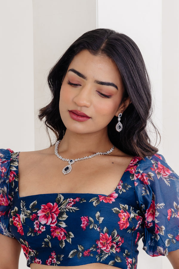 Liana Navy Blue Floral Printed Coord-Closeup-2