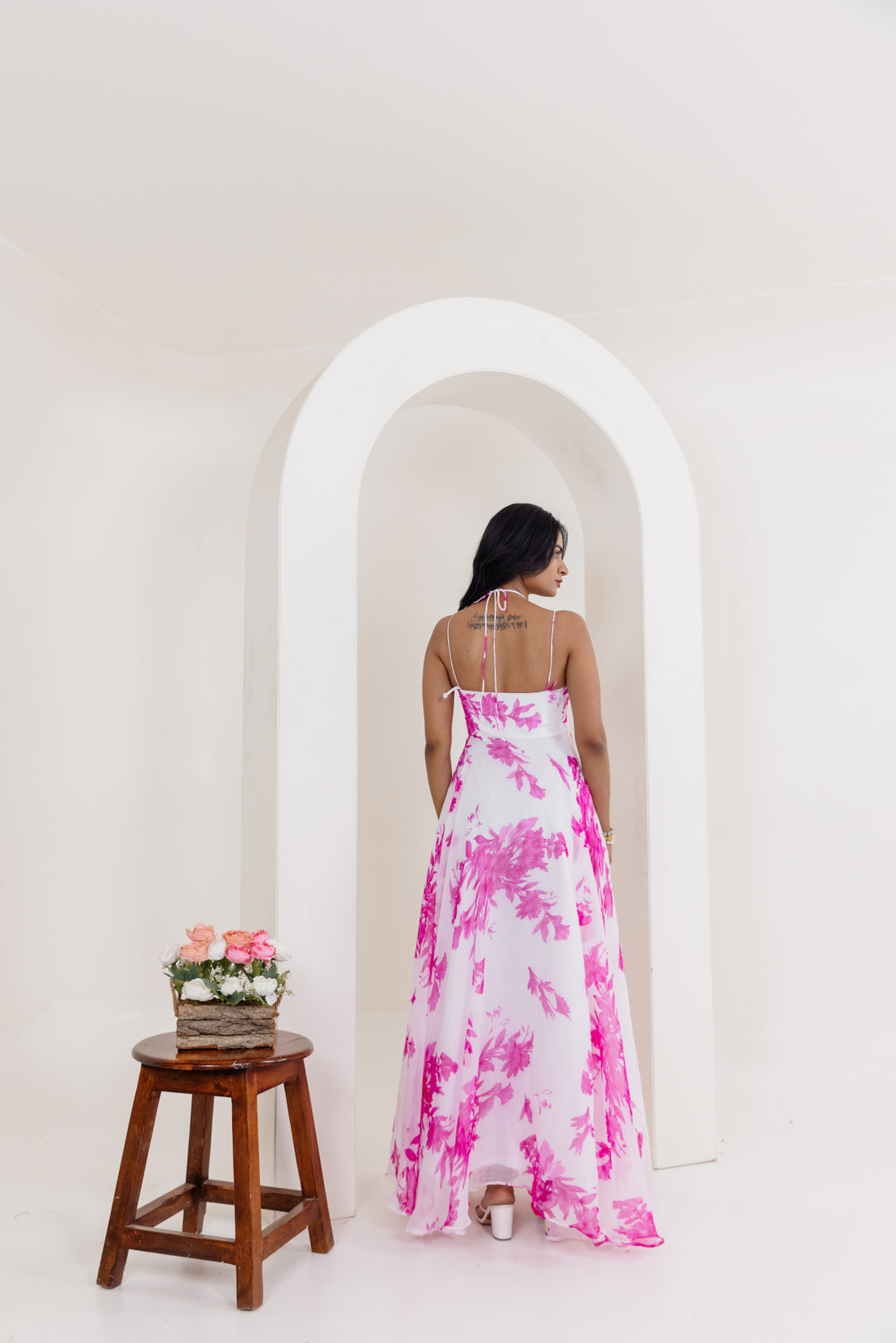 Hazel Pink Floral Printed Maxi Dress Back-1