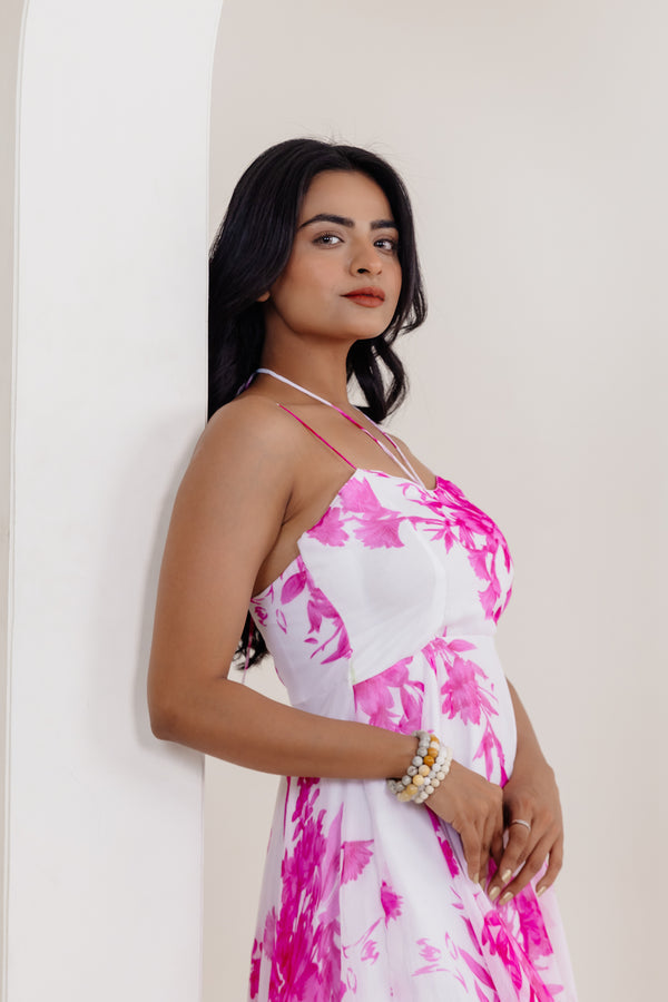 Hazel Pink Floral Printed Maxi Dress Closeup-2