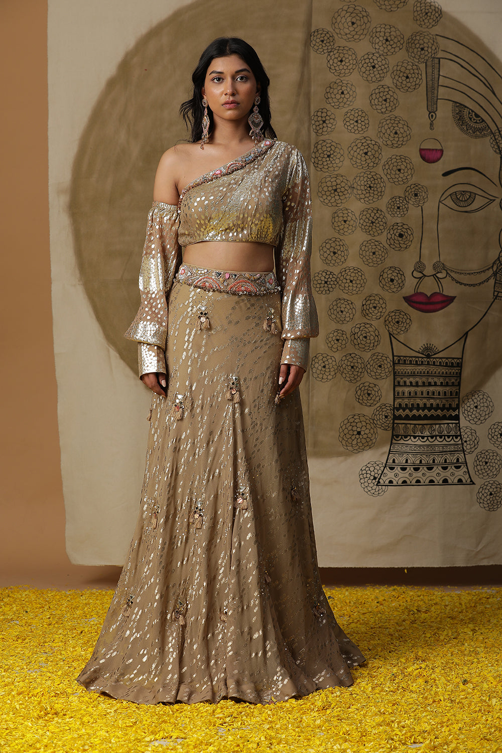 Golden One Shoulder Lehnga Set - Auraya Fashion - Arpita Sulakshana - #tag1# - #tag2# - #tag3# - #tag3#