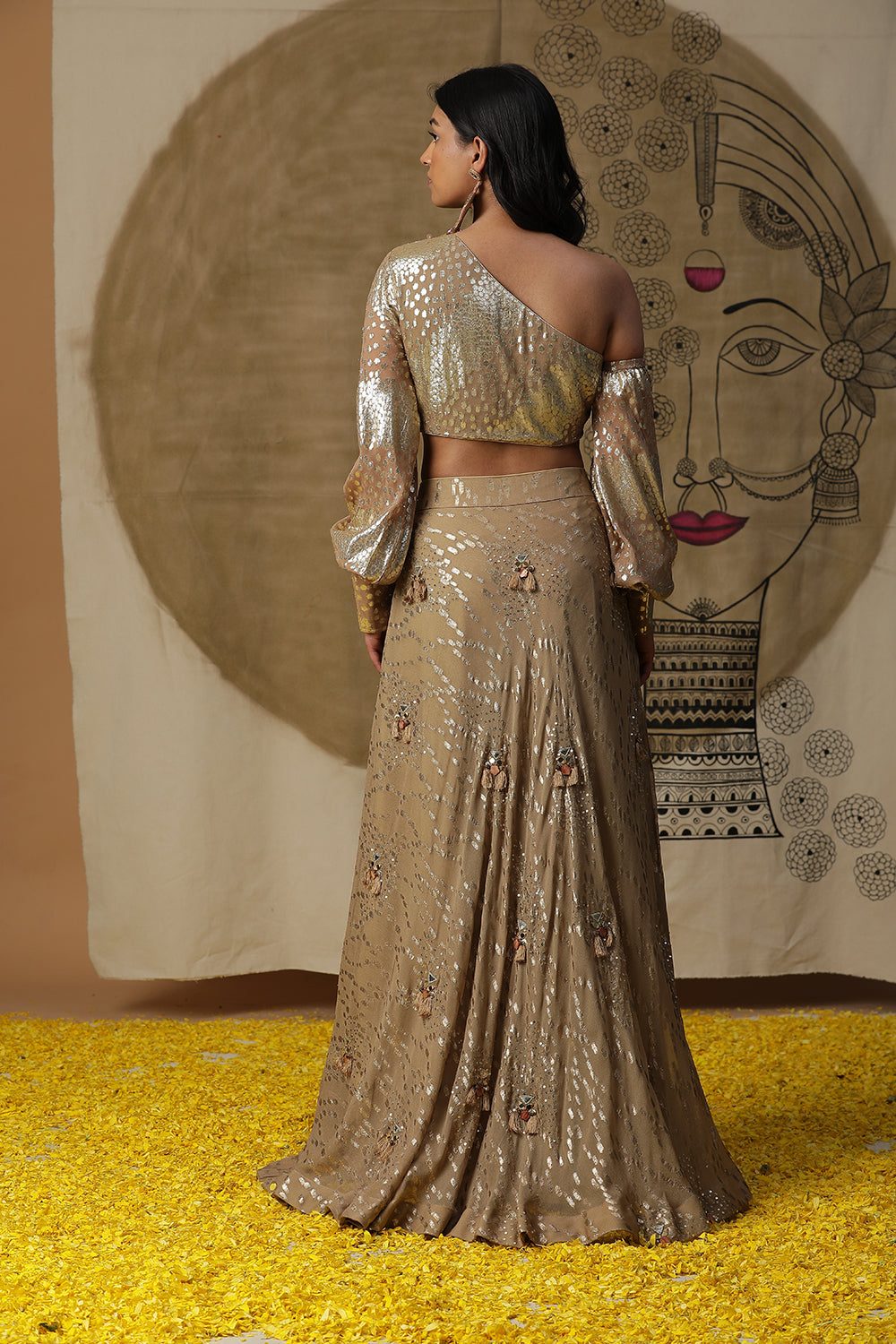 Golden One Shoulder Lehnga Set - Auraya Fashion -  - #tag1# - #tag2# - #tag3# - #tag3#