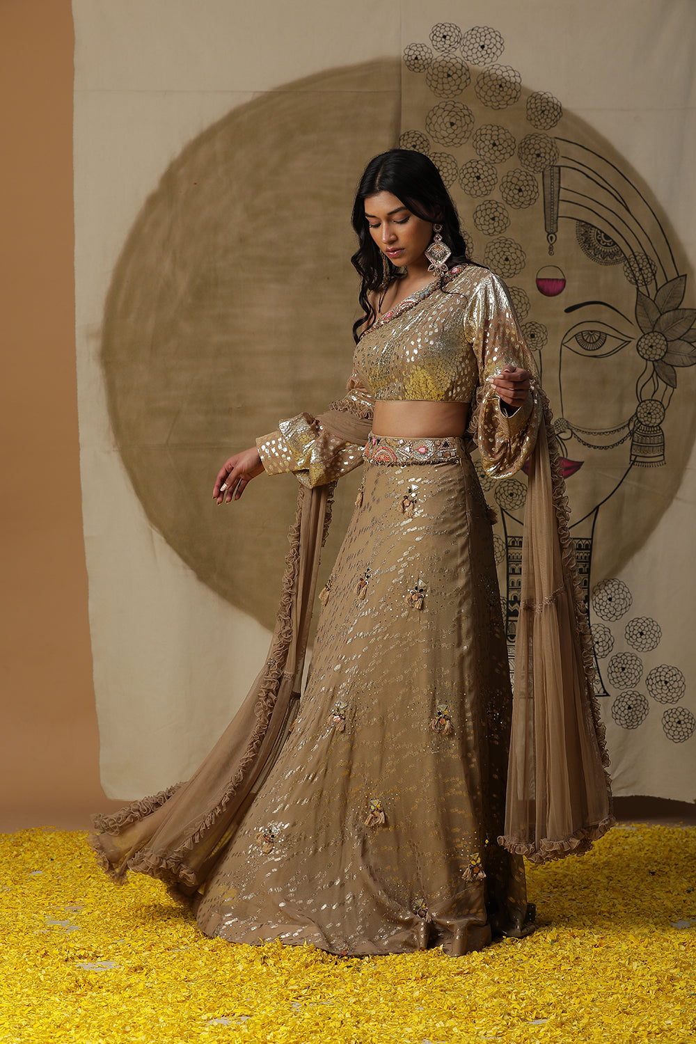 Golden One Shoulder Lehnga Set - Auraya Fashion -  - #tag1# - #tag2# - #tag3# - #tag3#